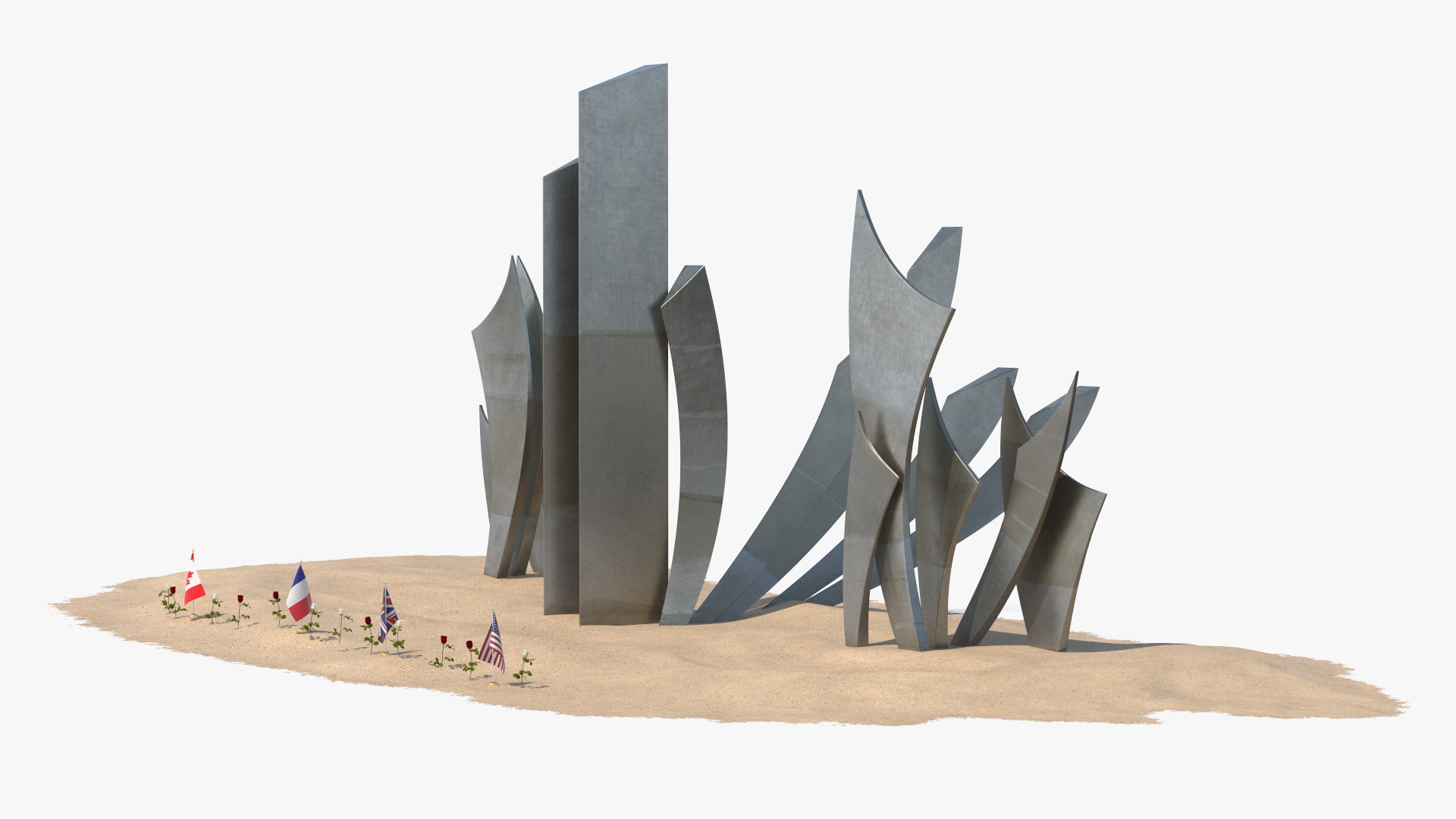 Les Braves Memorial with Allied Flags and Flowers 3D model