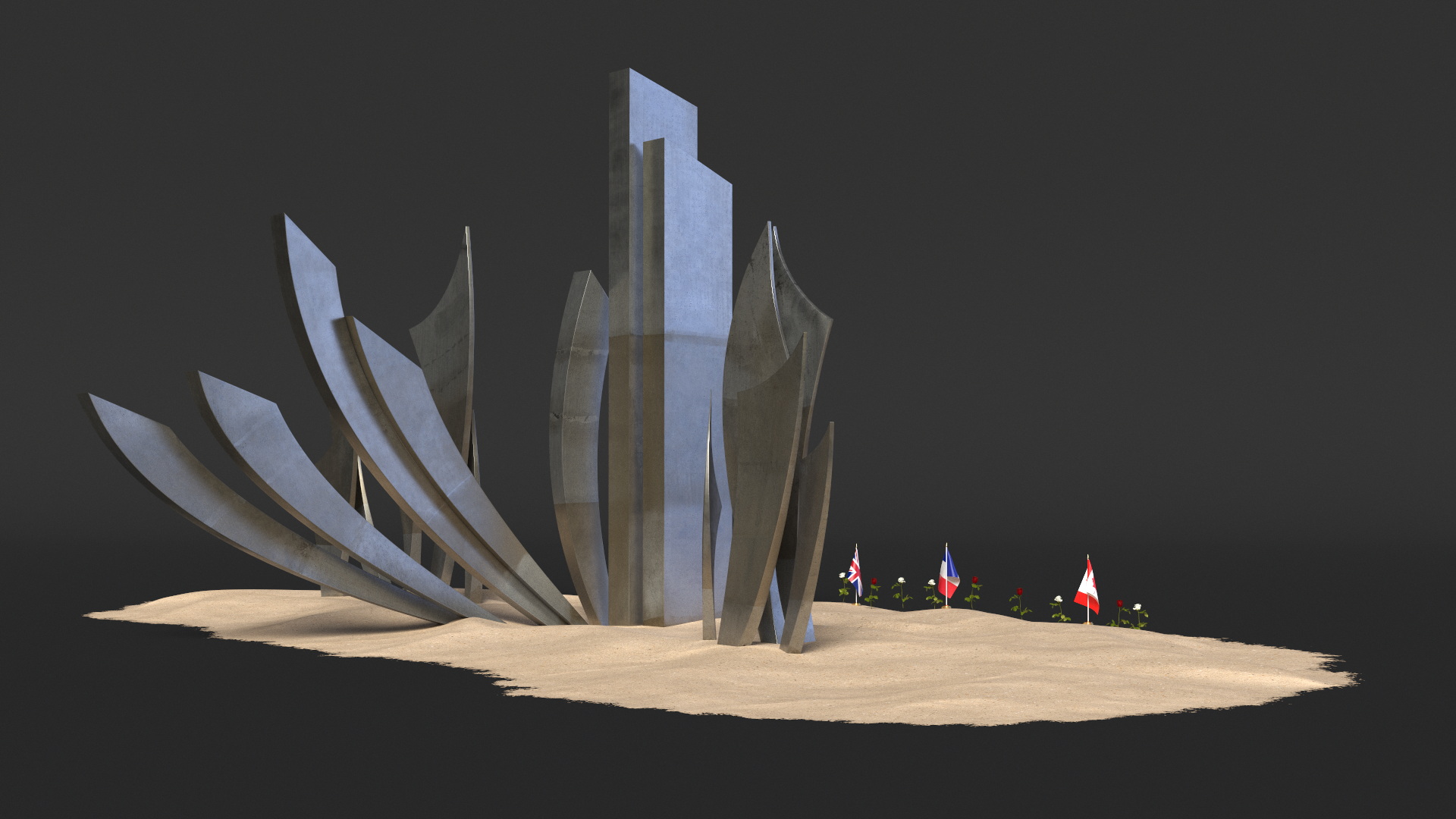 Les Braves Memorial with Allied Flags and Flowers 3D model