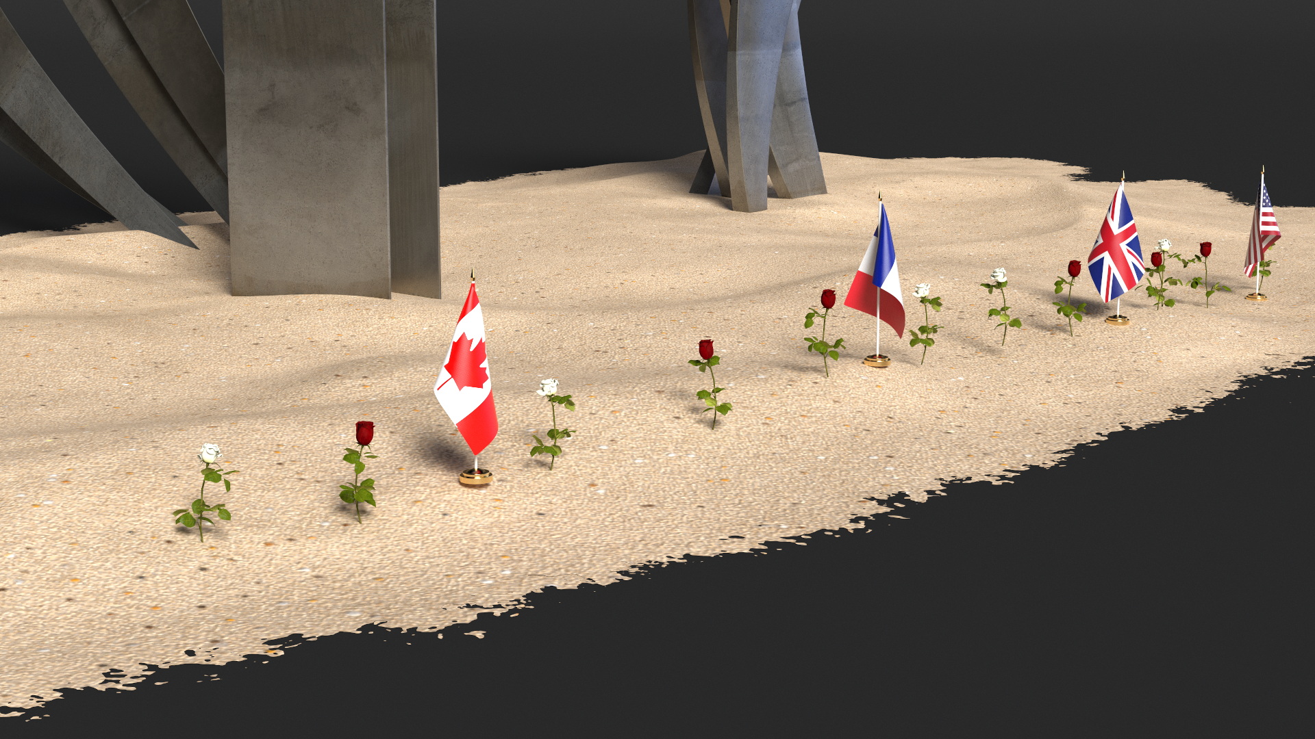 Les Braves Memorial with Allied Flags and Flowers 3D model