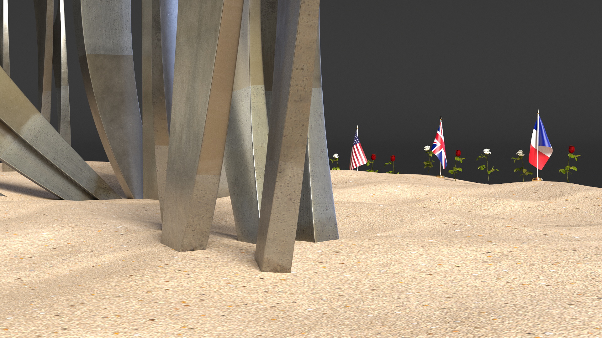 Les Braves Memorial with Allied Flags and Flowers 3D model