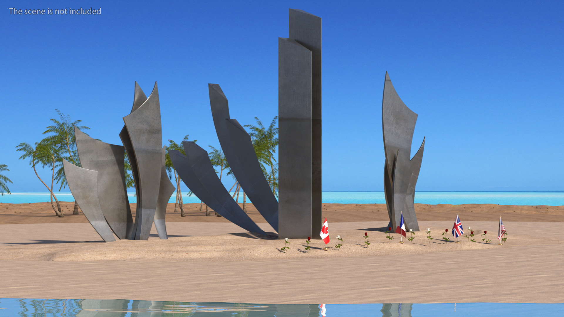 Les Braves Memorial with Allied Flags and Flowers 3D model