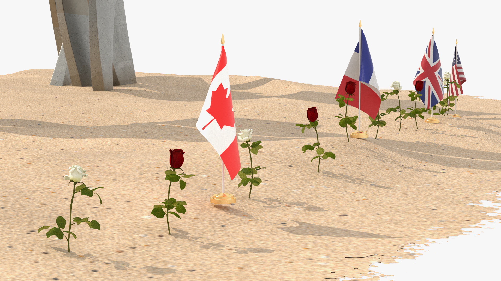 Les Braves Memorial with Allied Flags and Flowers 3D model