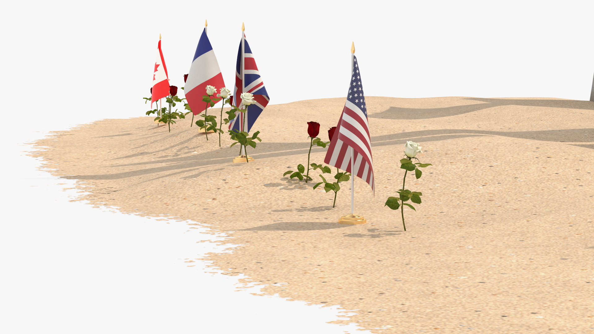 Les Braves Memorial with Allied Flags and Flowers 3D model