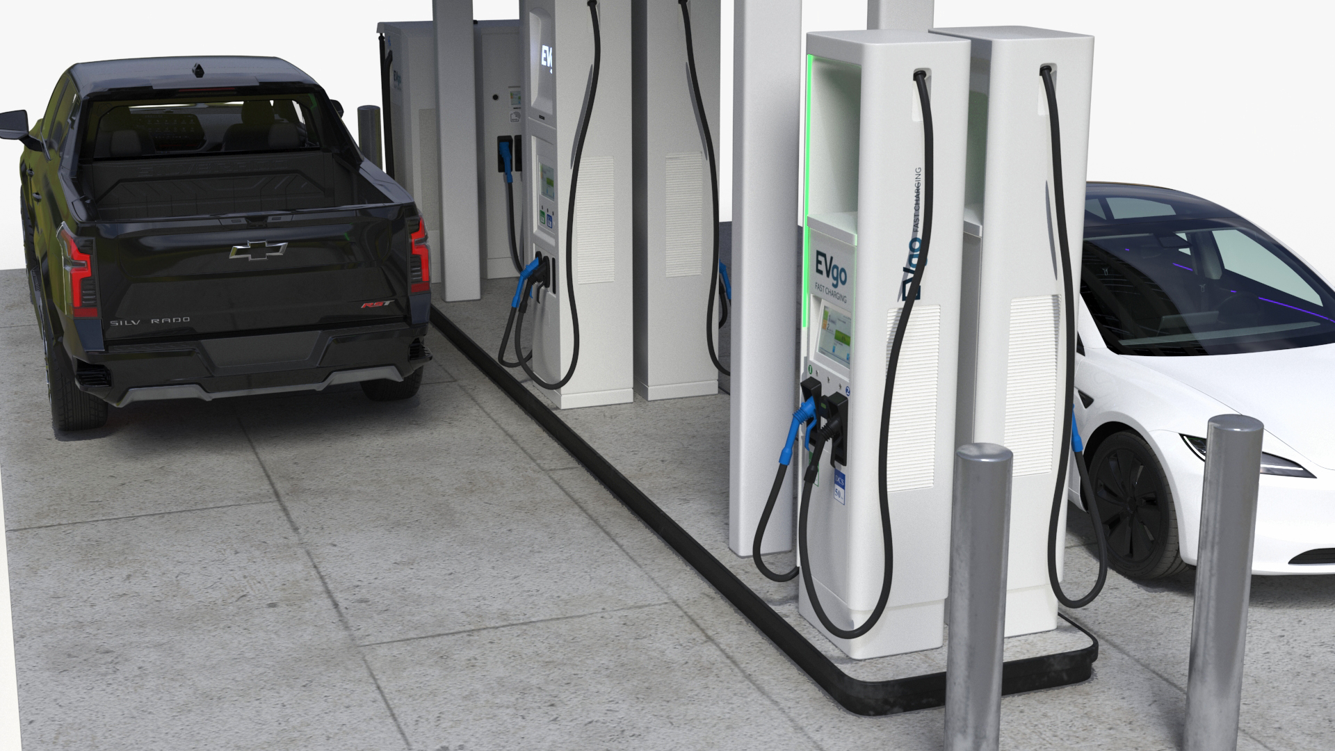 Chevrolet Silverado EV and Tesla on EVgo Fast Charging Station 3D