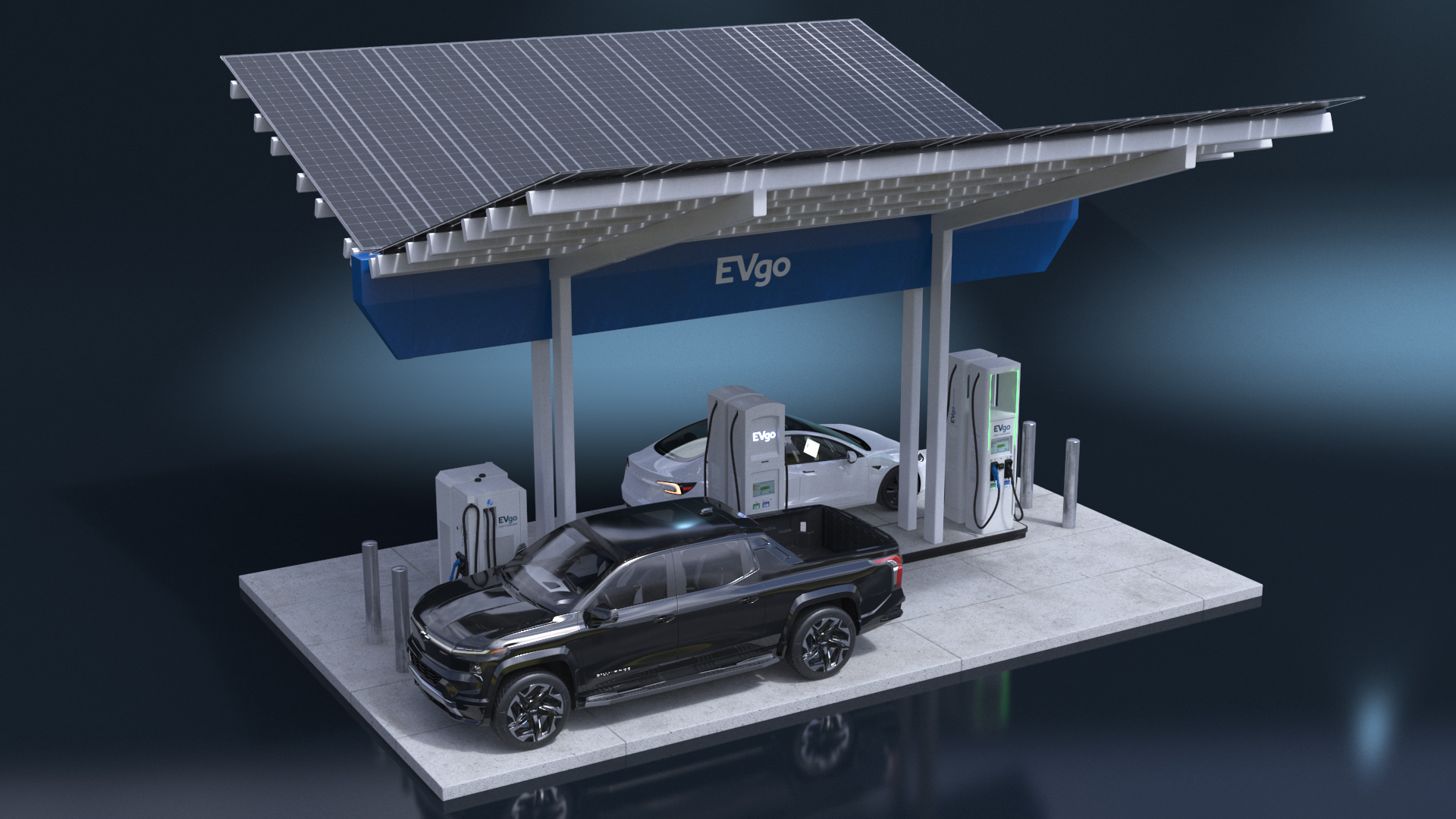 Chevrolet Silverado EV and Tesla on EVgo Fast Charging Station 3D