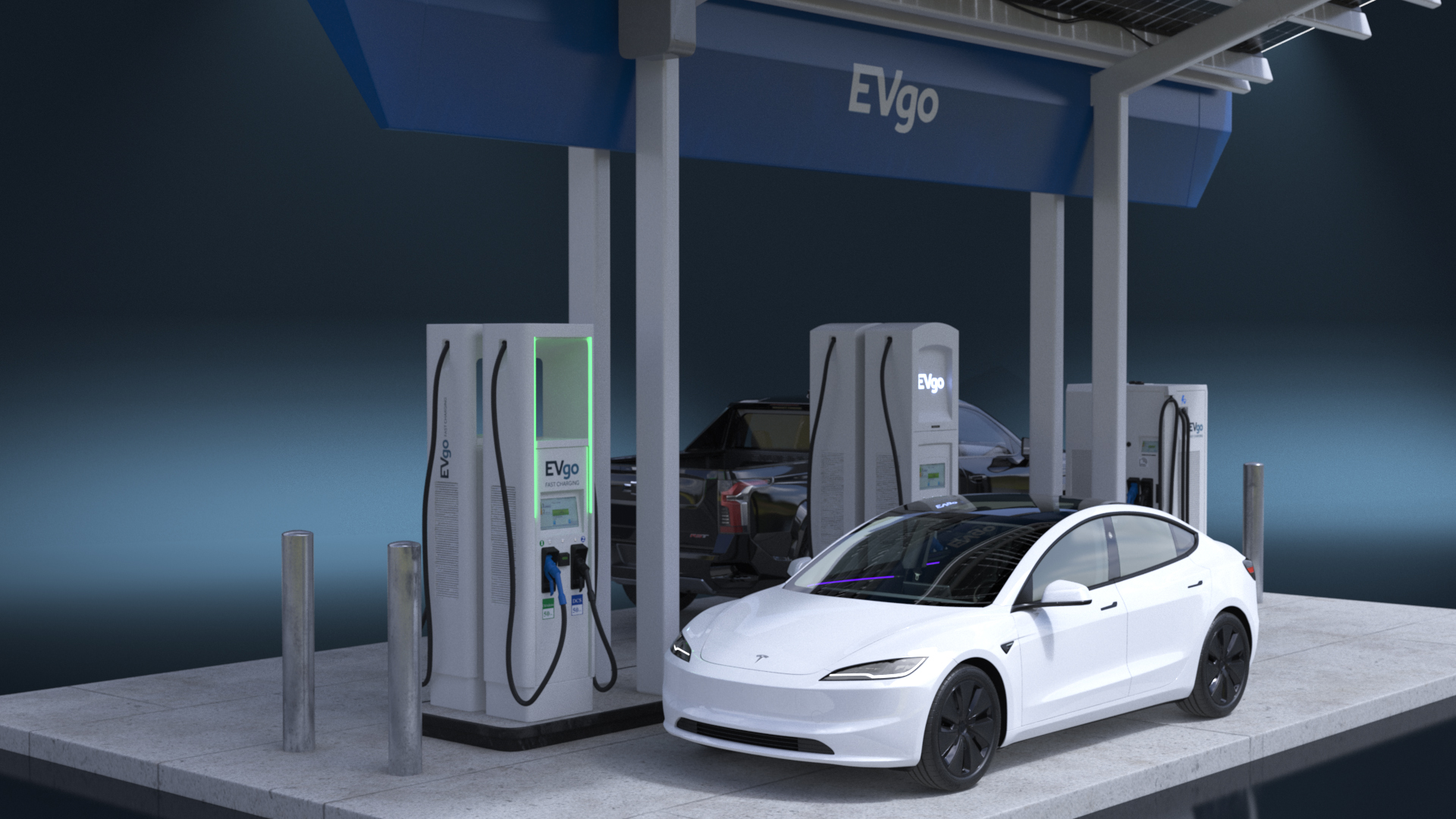 Chevrolet Silverado EV and Tesla on EVgo Fast Charging Station 3D