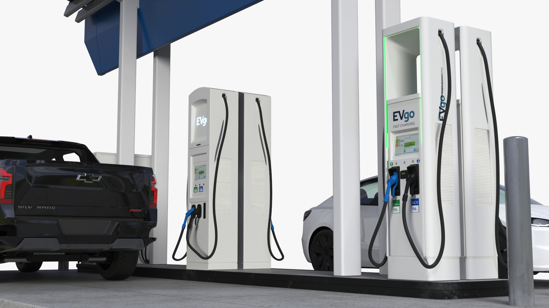 Chevrolet Silverado EV and Tesla on EVgo Fast Charging Station 3D