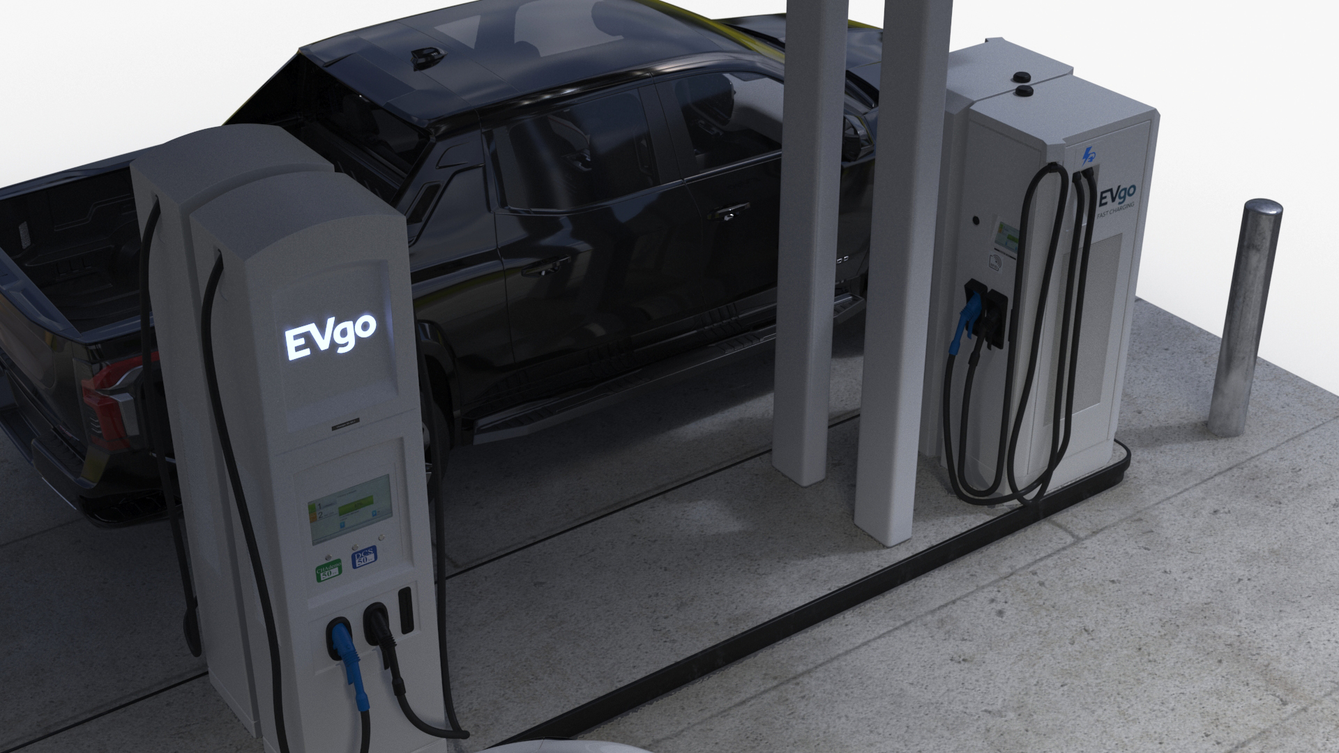 Chevrolet Silverado EV and Tesla on EVgo Fast Charging Station 3D