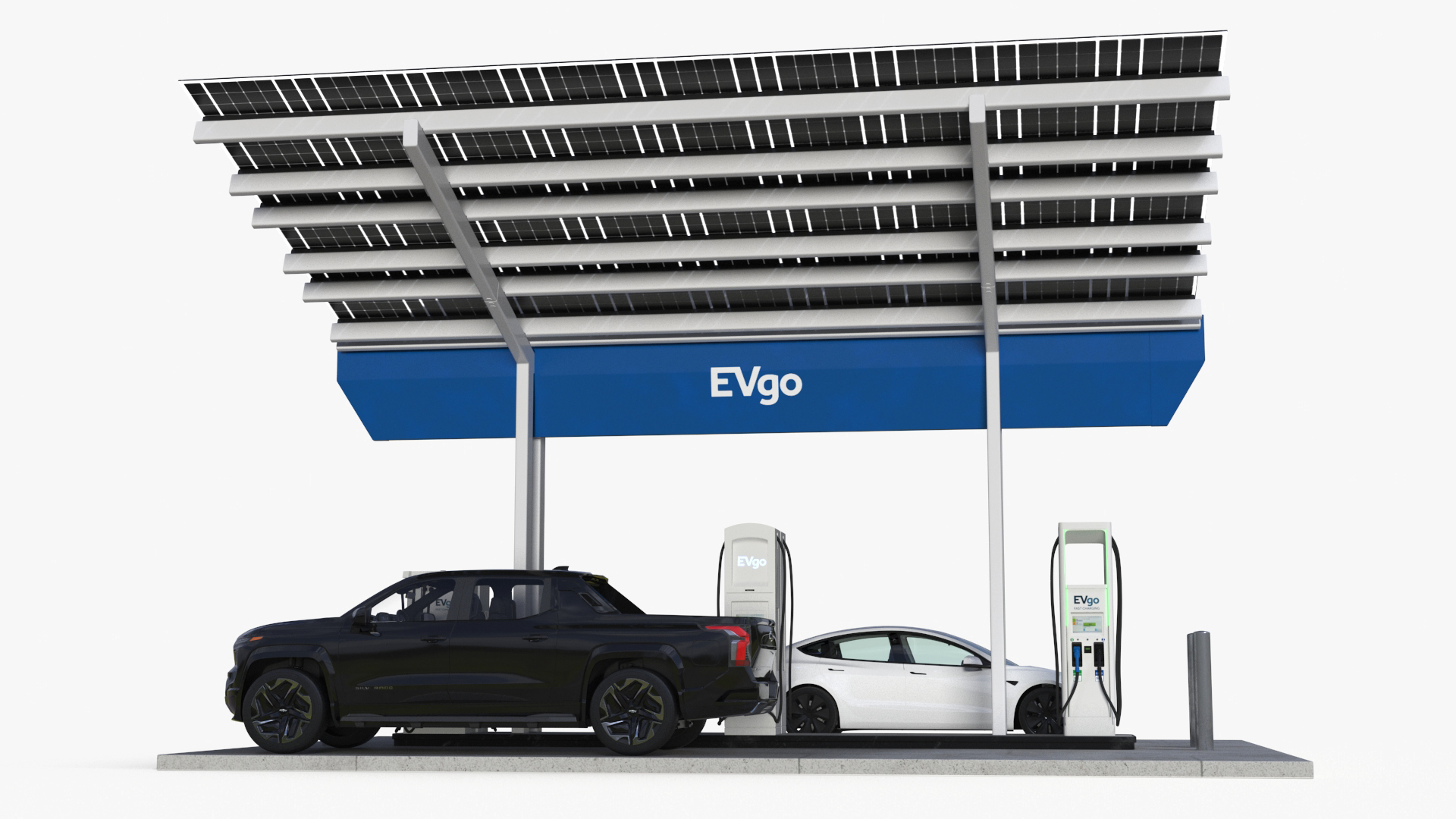 Chevrolet Silverado EV and Tesla on EVgo Fast Charging Station 3D