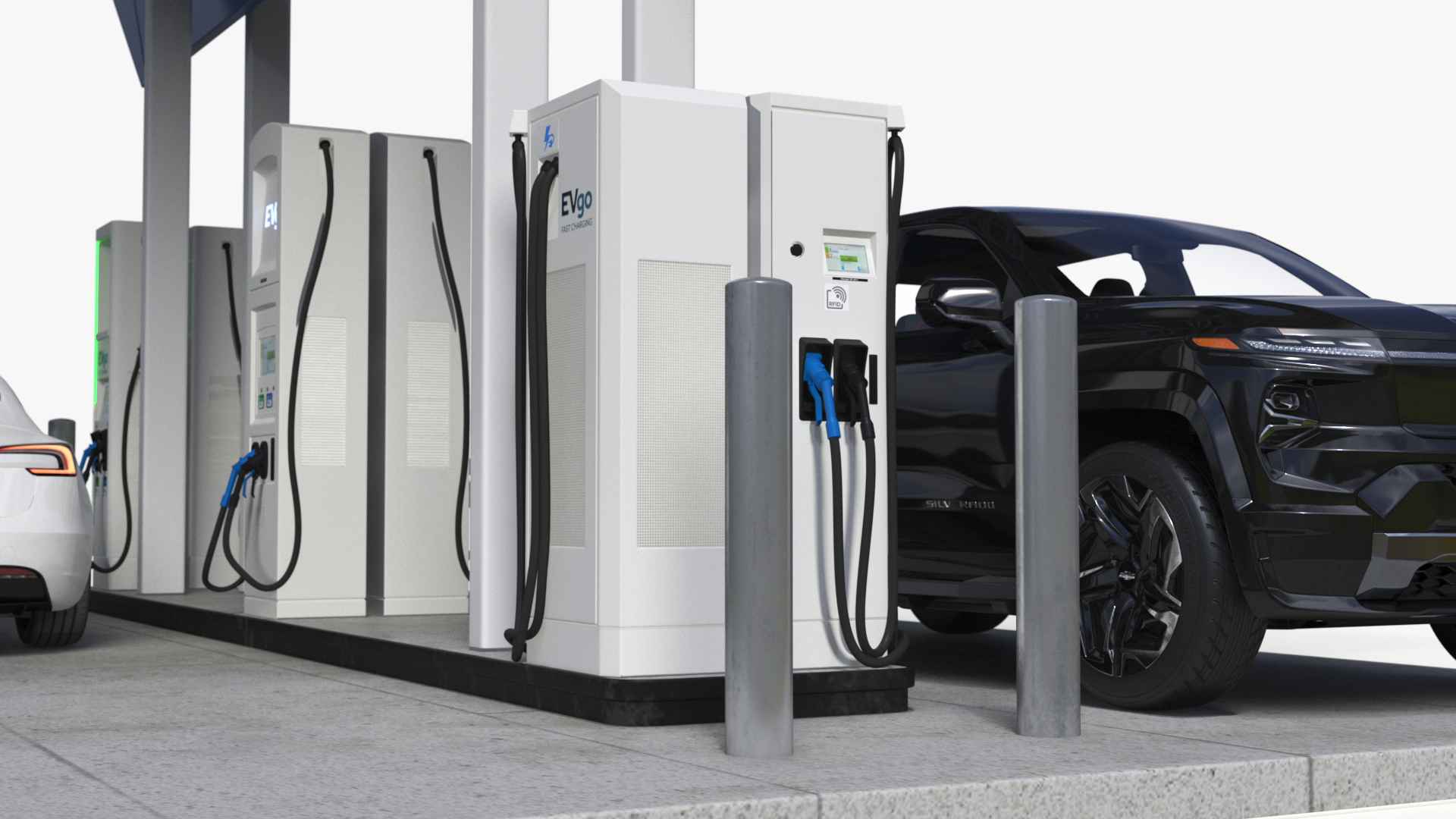 Chevrolet Silverado EV and Tesla on EVgo Fast Charging Station 3D