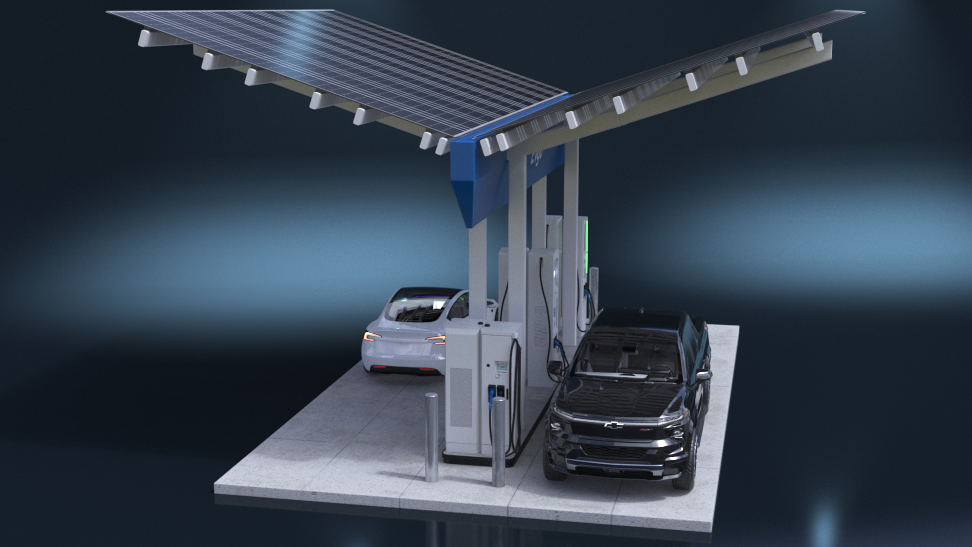 Chevrolet Silverado EV and Tesla on EVgo Fast Charging Station 3D