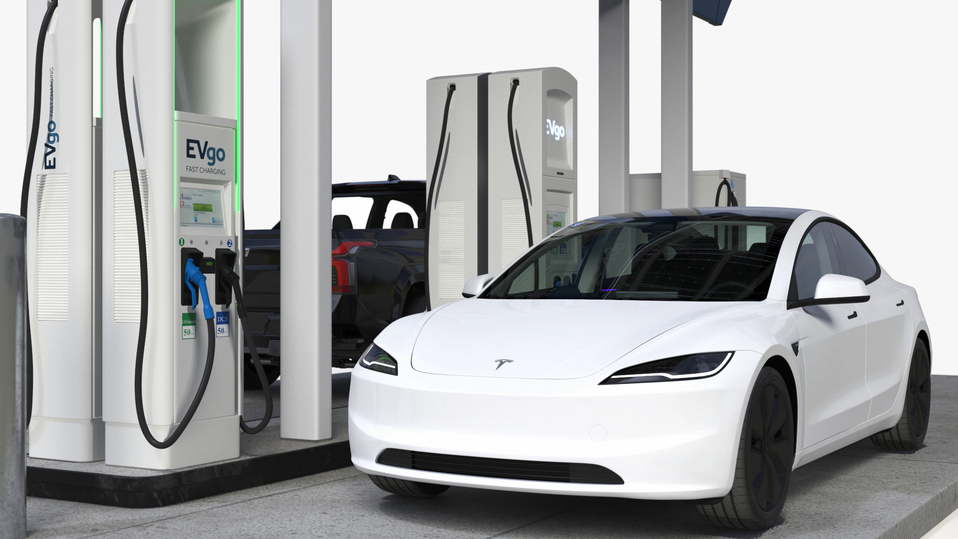 Chevrolet Silverado EV and Tesla on EVgo Fast Charging Station 3D