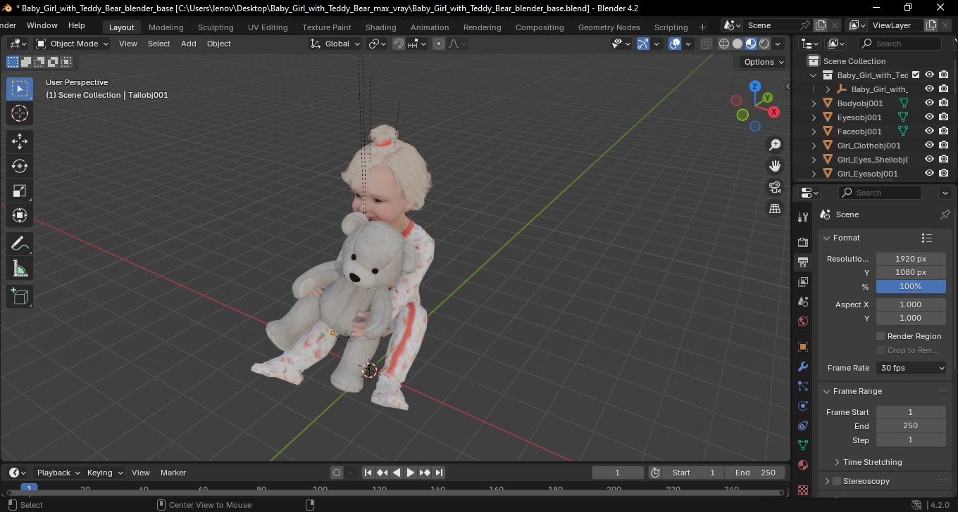 3D model Baby Girl with Teddy Bear