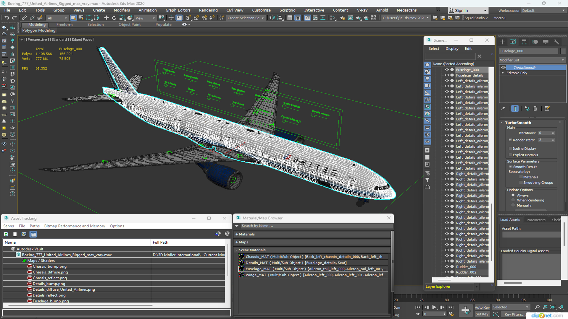 3D Boeing 777 United Airlines Rigged model