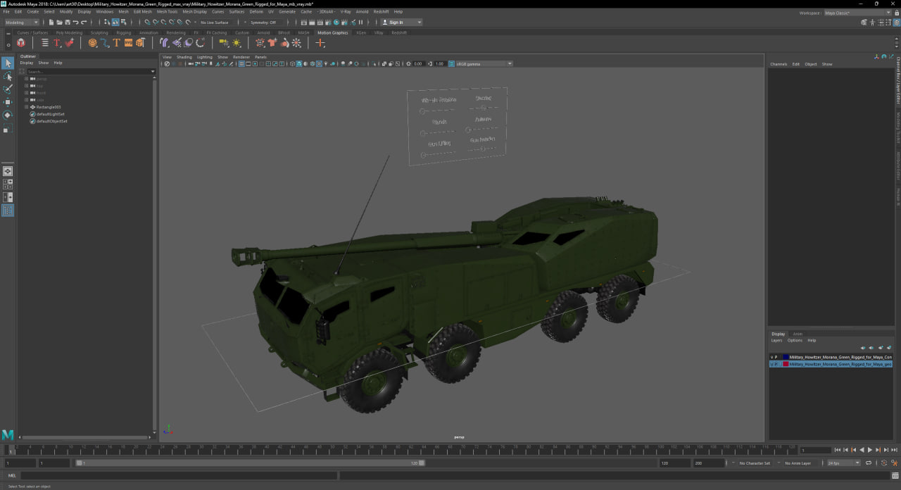 3D Military Howitzer Morana Green Rigged for Maya