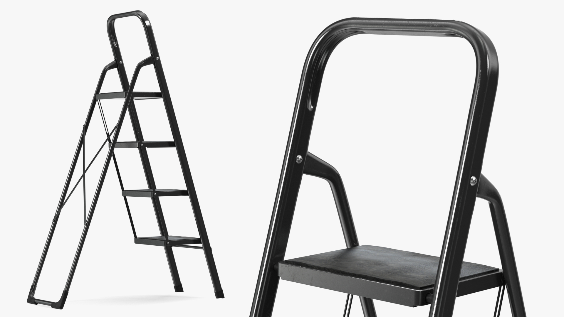 3D Black Folding Ladder with 4 Wide Anti Slip Pedals Rigged