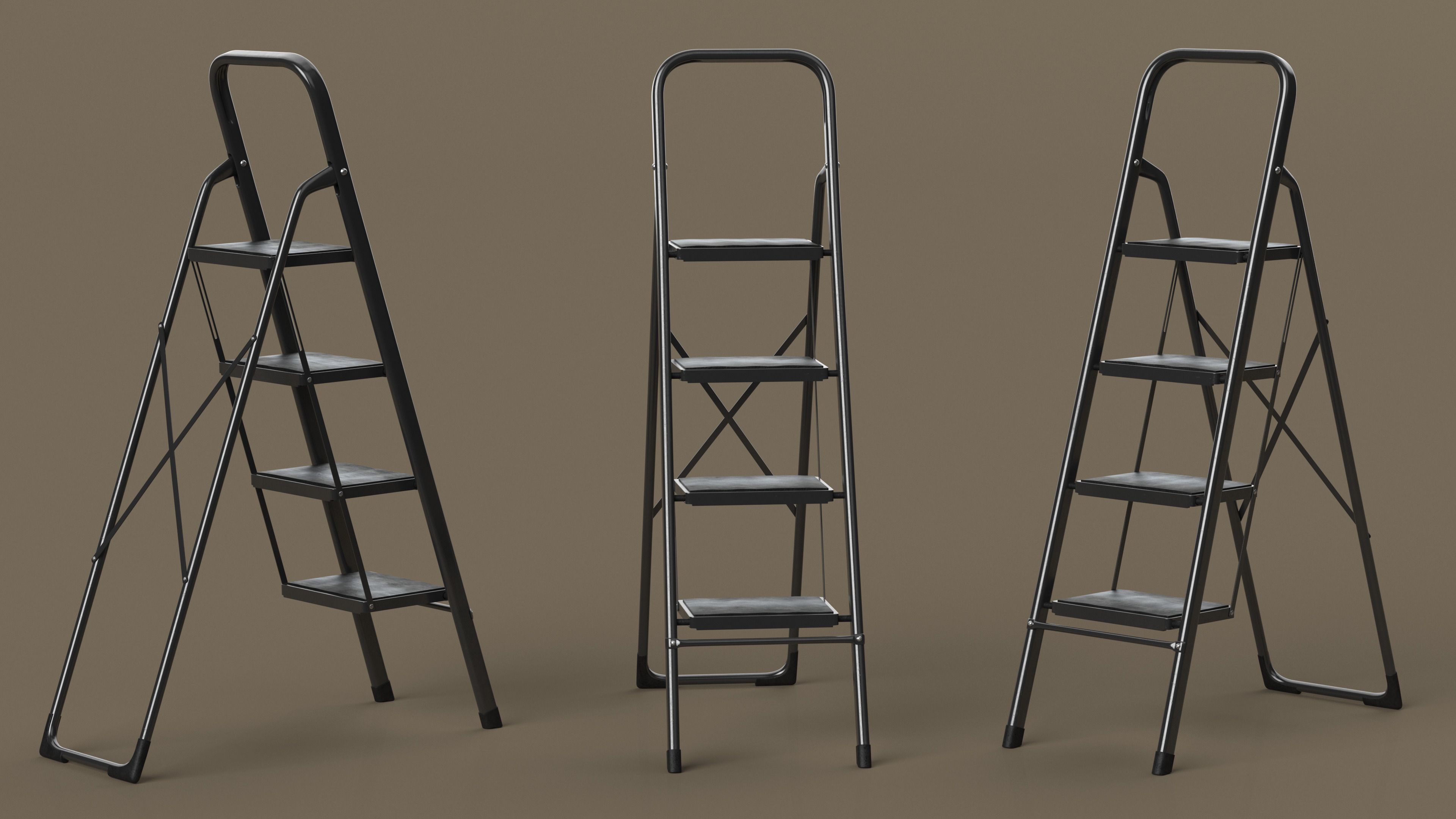 3D Black Folding Ladder with 4 Wide Anti Slip Pedals Rigged