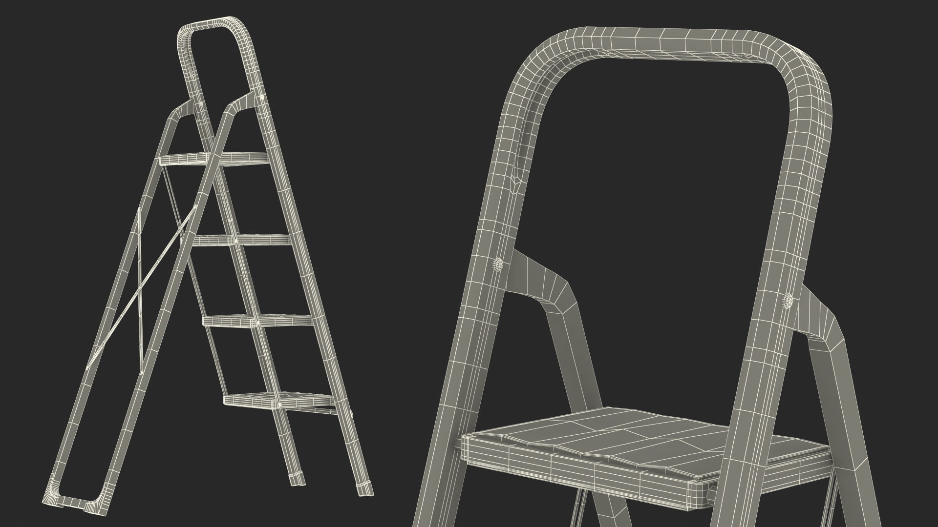 3D Black Folding Ladder with 4 Wide Anti Slip Pedals Rigged