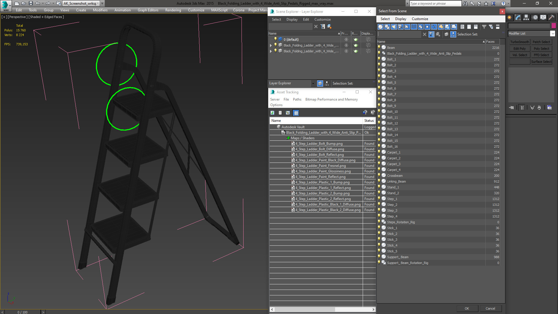 3D Black Folding Ladder with 4 Wide Anti Slip Pedals Rigged