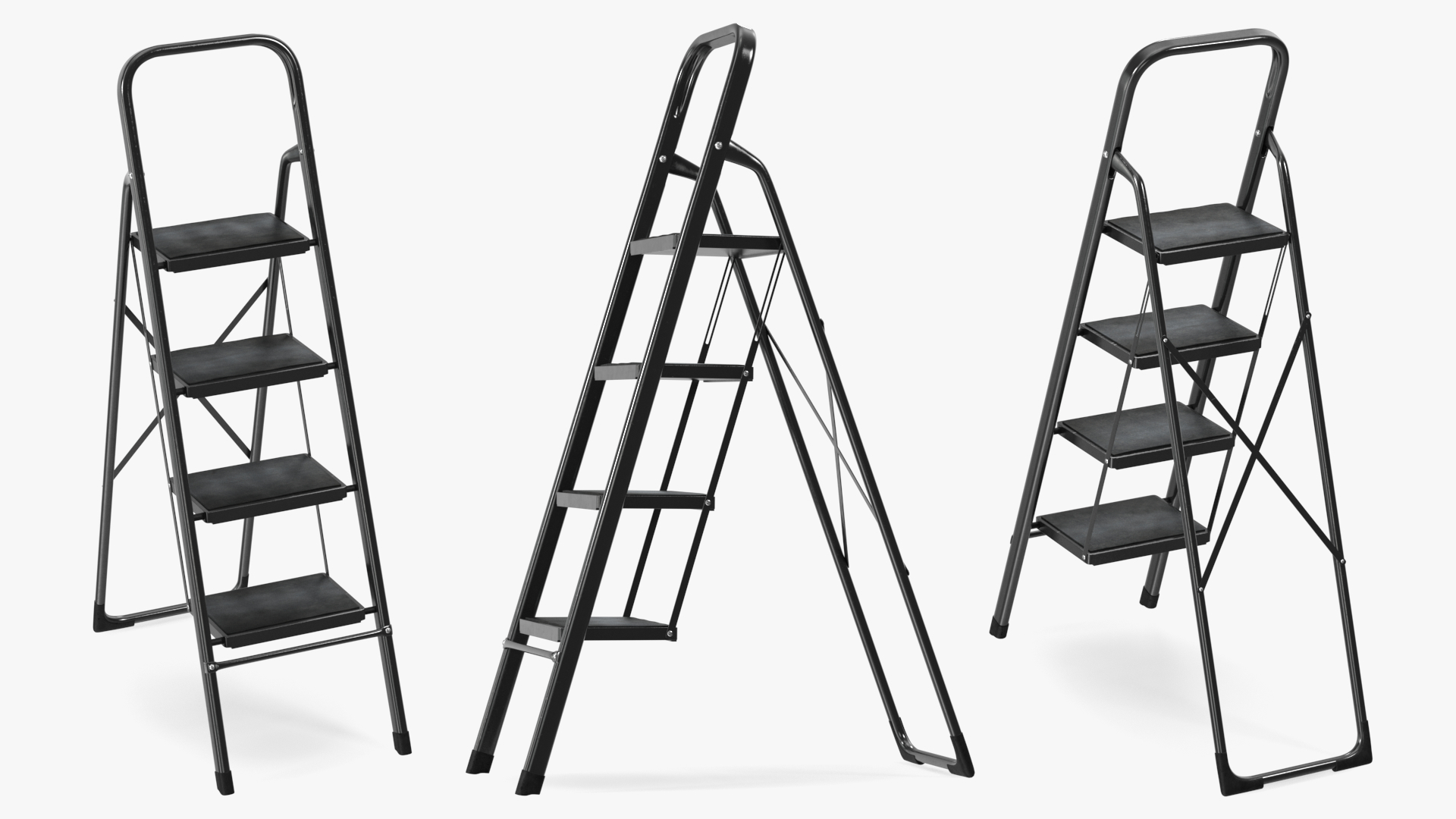 3D Black Folding Ladder with 4 Wide Anti Slip Pedals Rigged