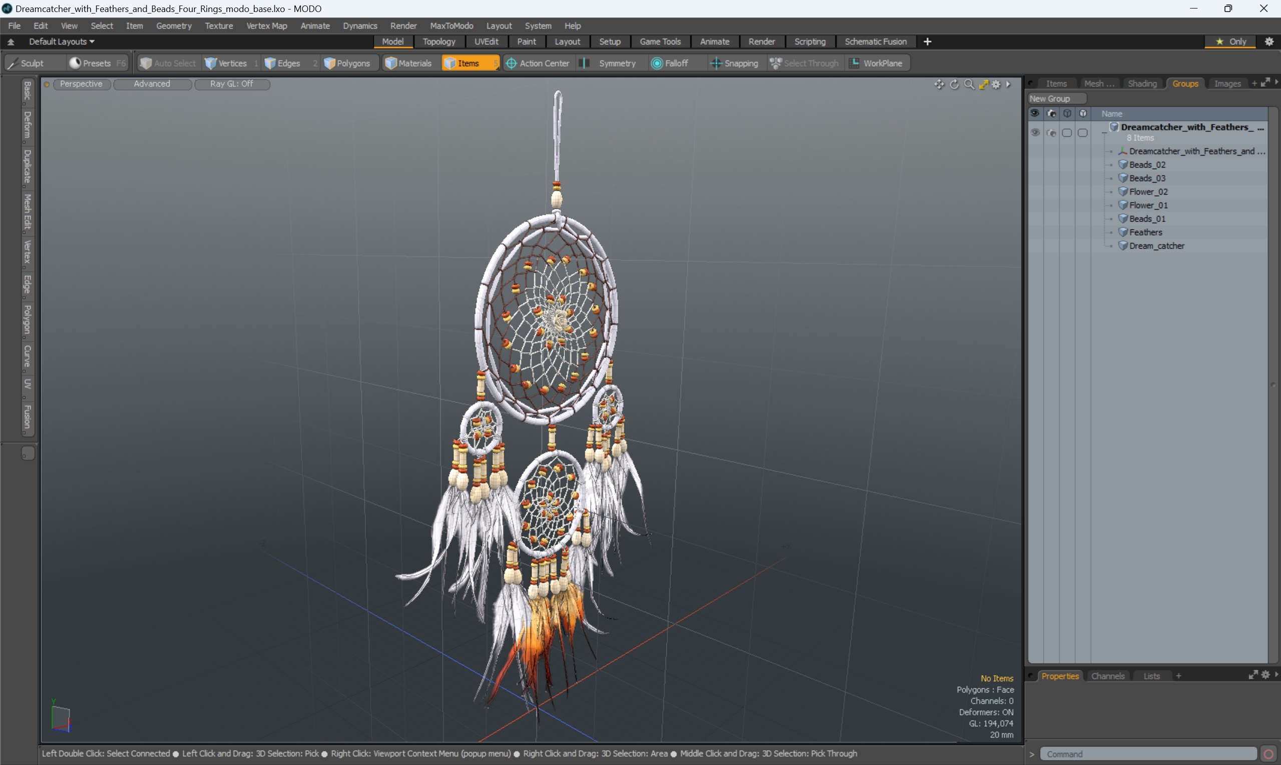 Dreamcatcher with Feathers and Beads Four Rings 3D