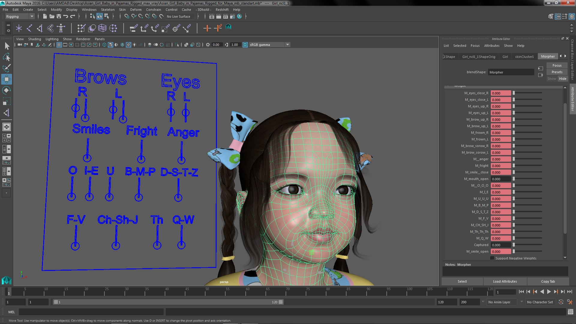 Asian Girl Baby in Pajamas Rigged for Maya 3D