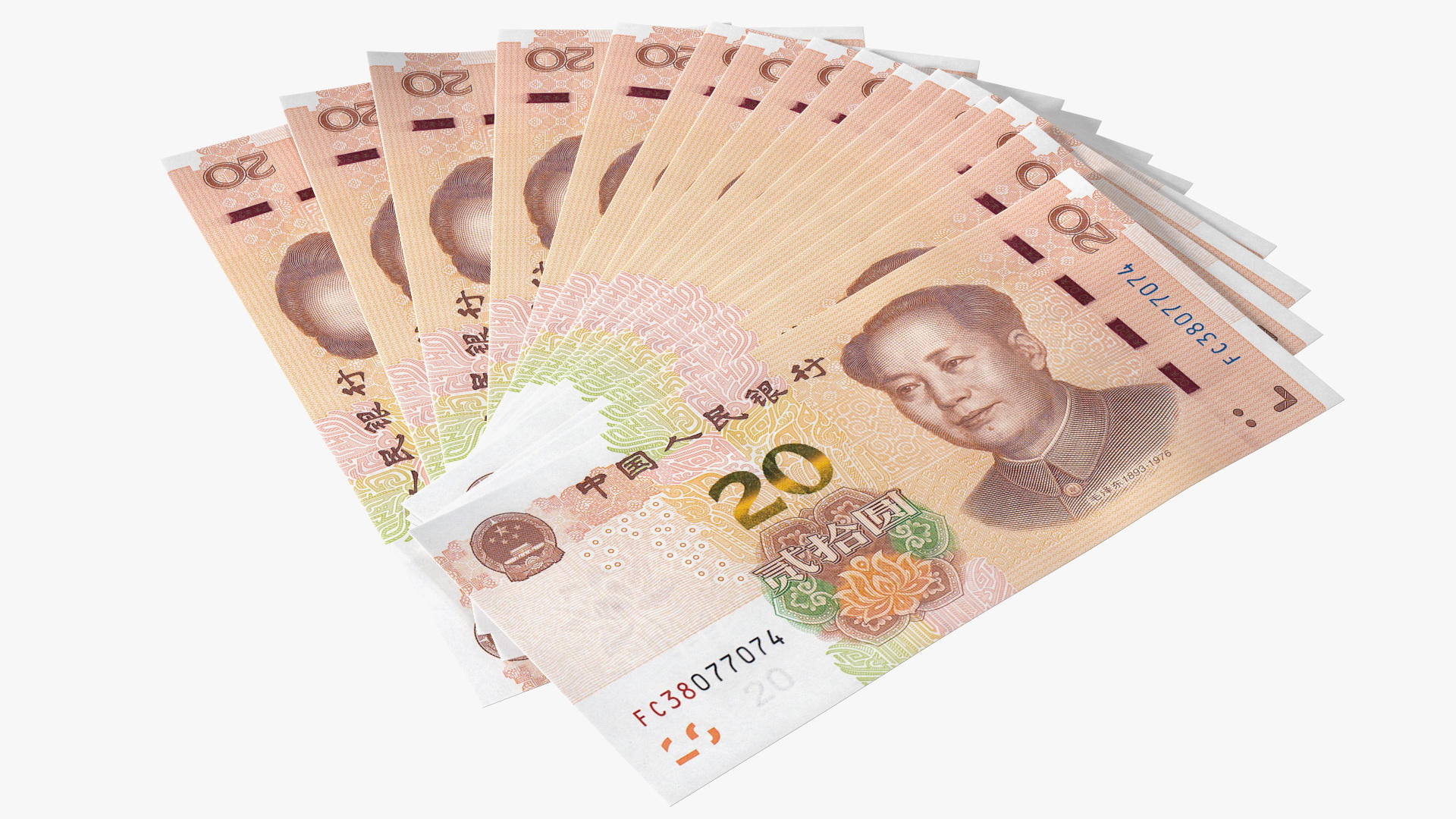 Fan of Chinese 20 Yuan 2019 Banknotes 3D