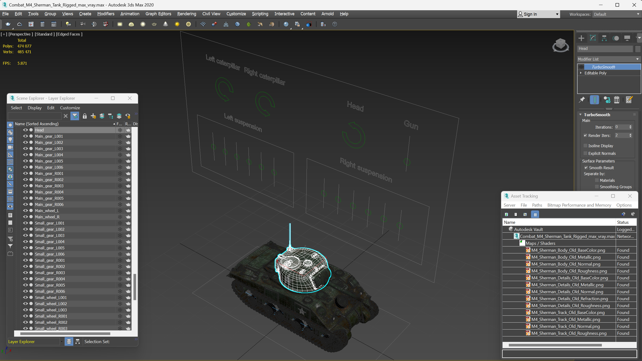 3D Combat M4 Sherman Tank Rigged for Maya model