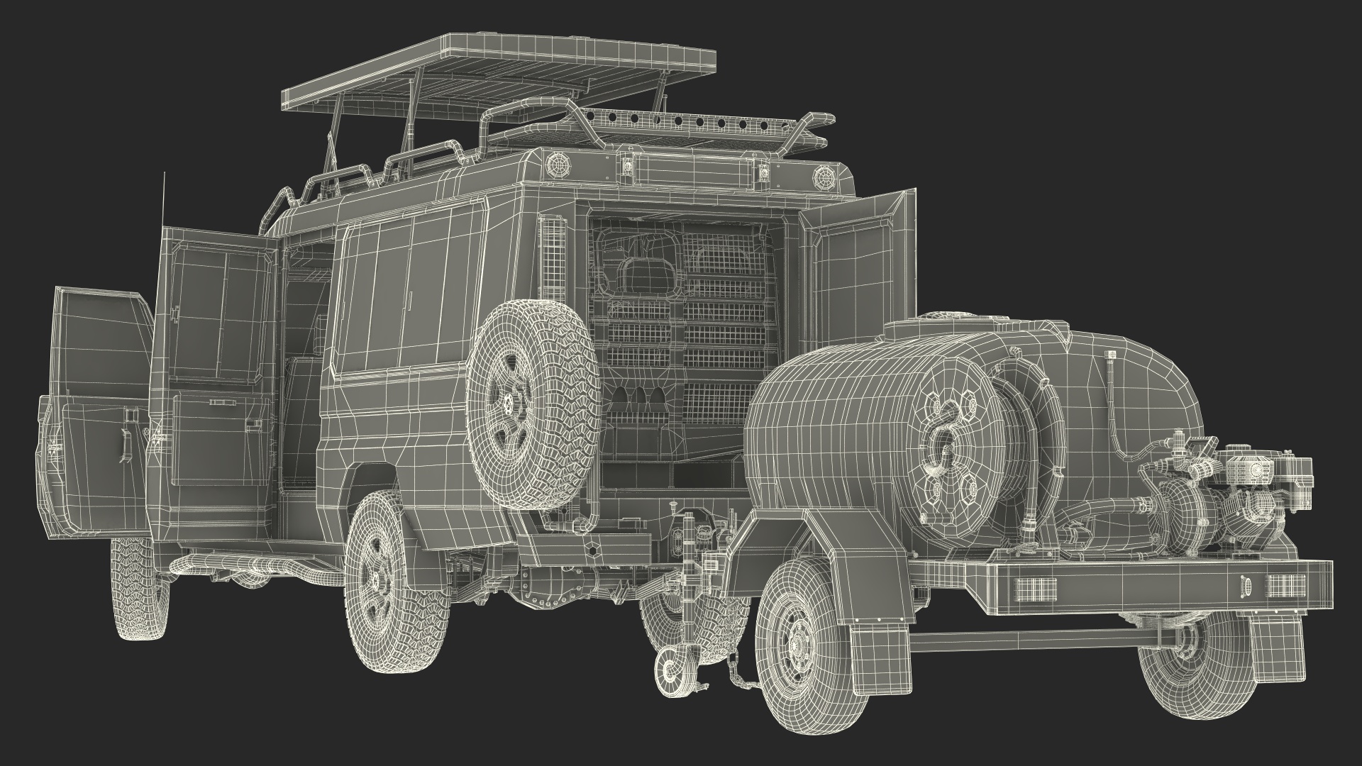 Toyota SUV with Fire Fighting Trailer Rigged 3D model