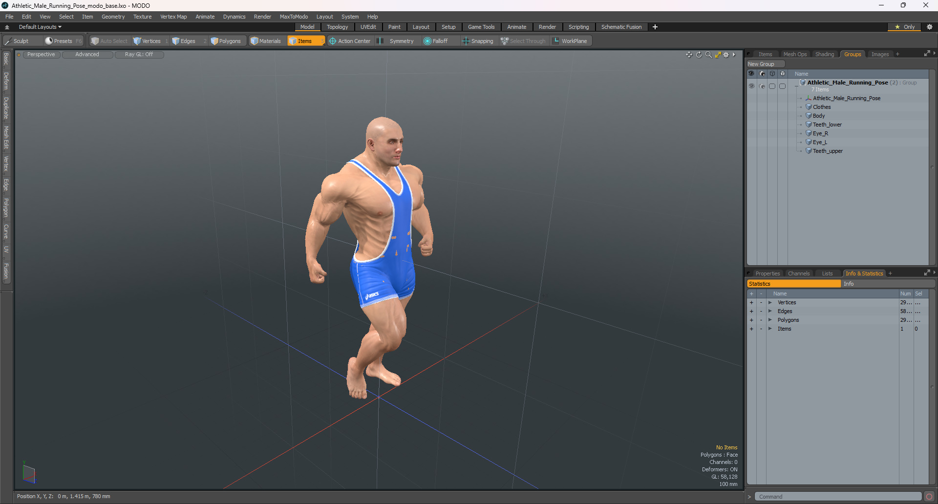 3D Athletic Male Running Pose in Asics Blue Singlet model