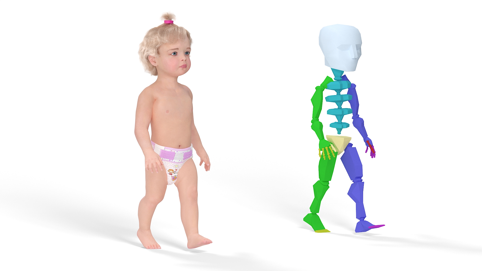 3D One Year Old Girl in Diaper Fur Rigged model