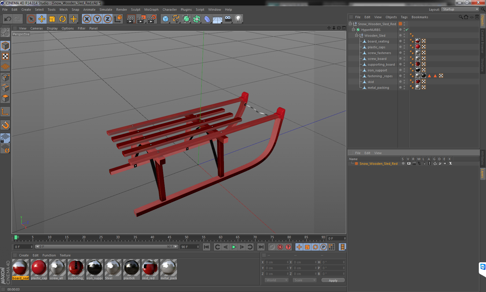 3D model Snow Wooden Sled Red