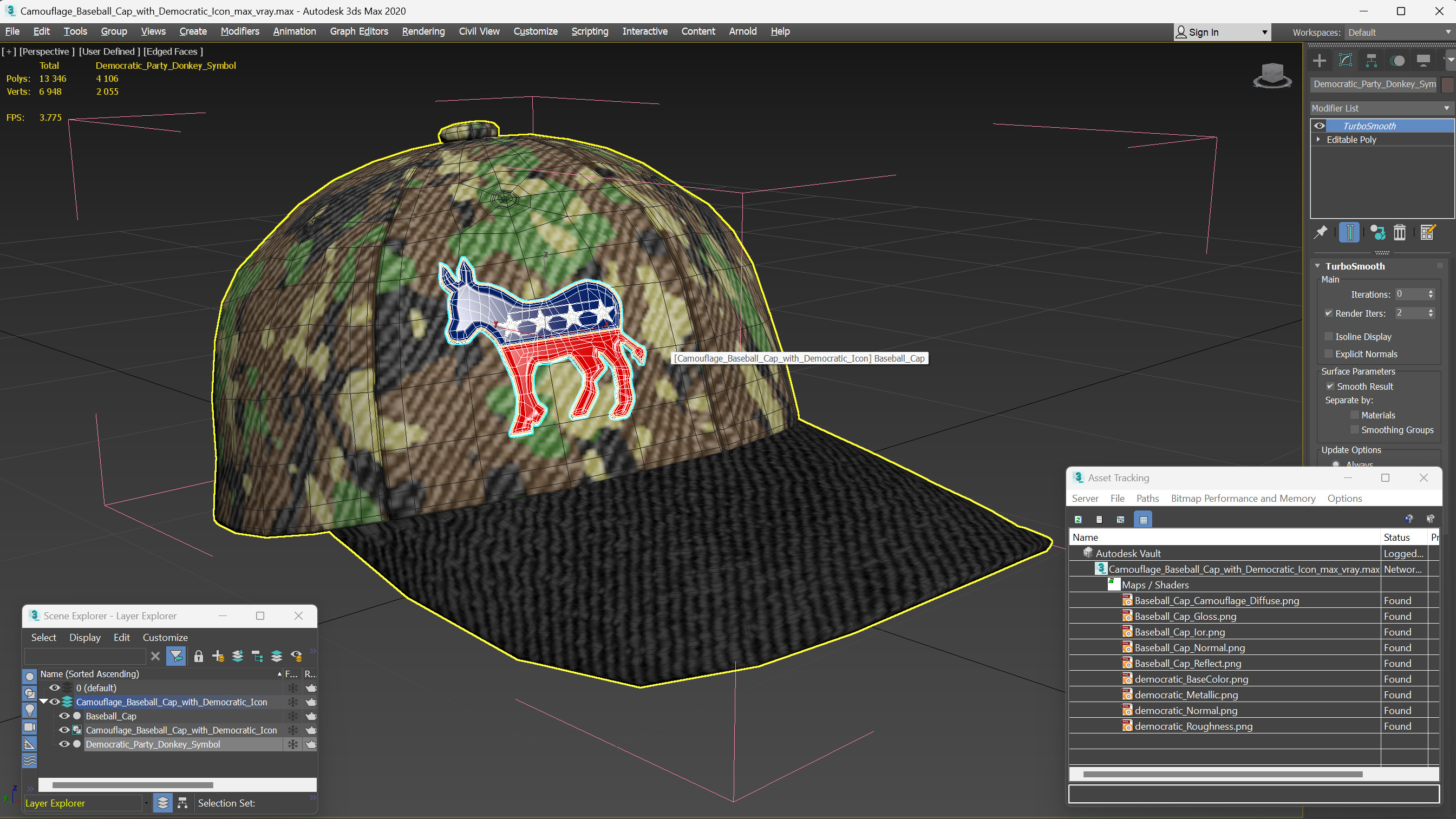 Camouflage Baseball Cap with Democratic Icon 3D model