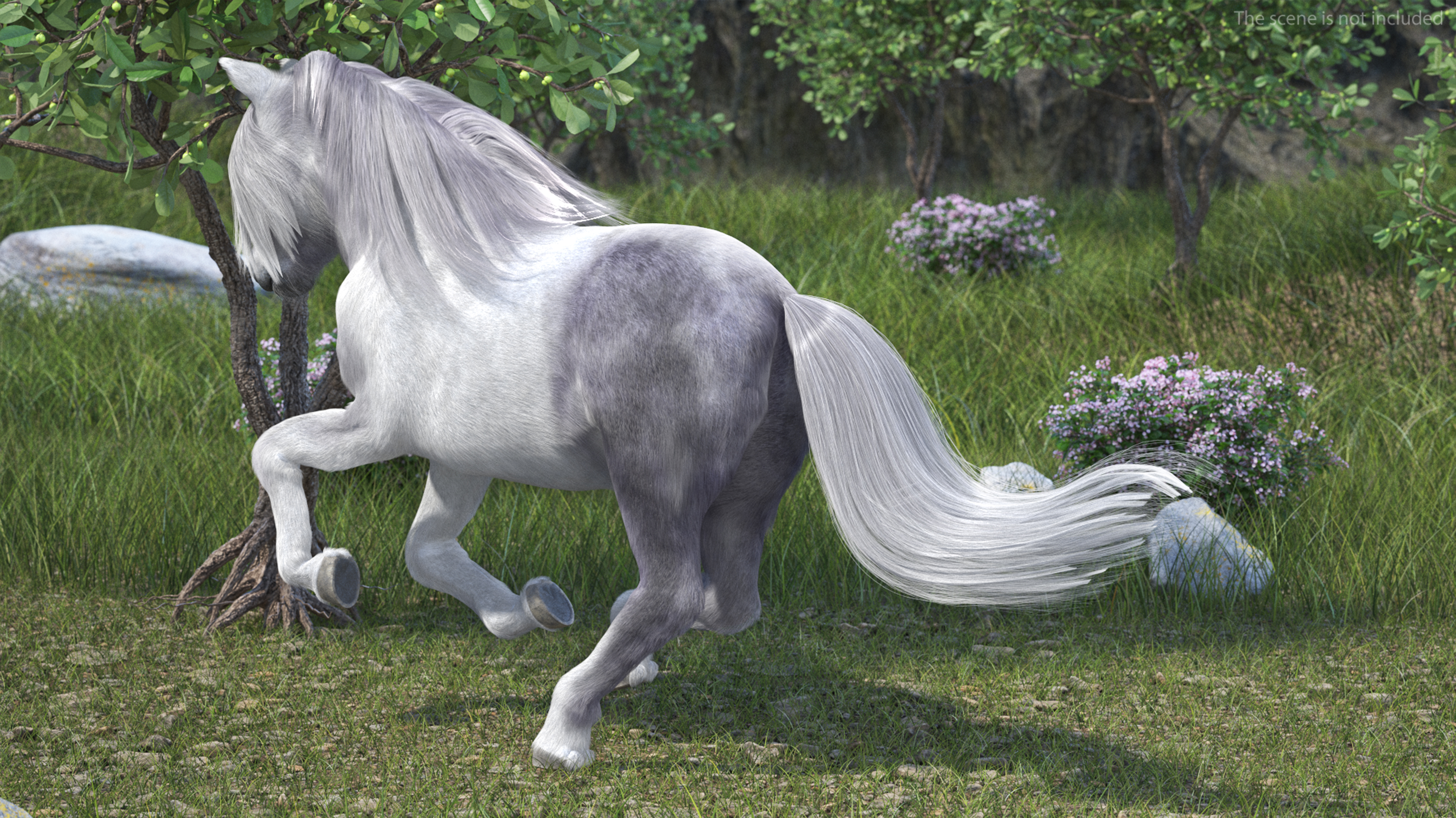 3D White Pony with Long Mane Fur Rigged