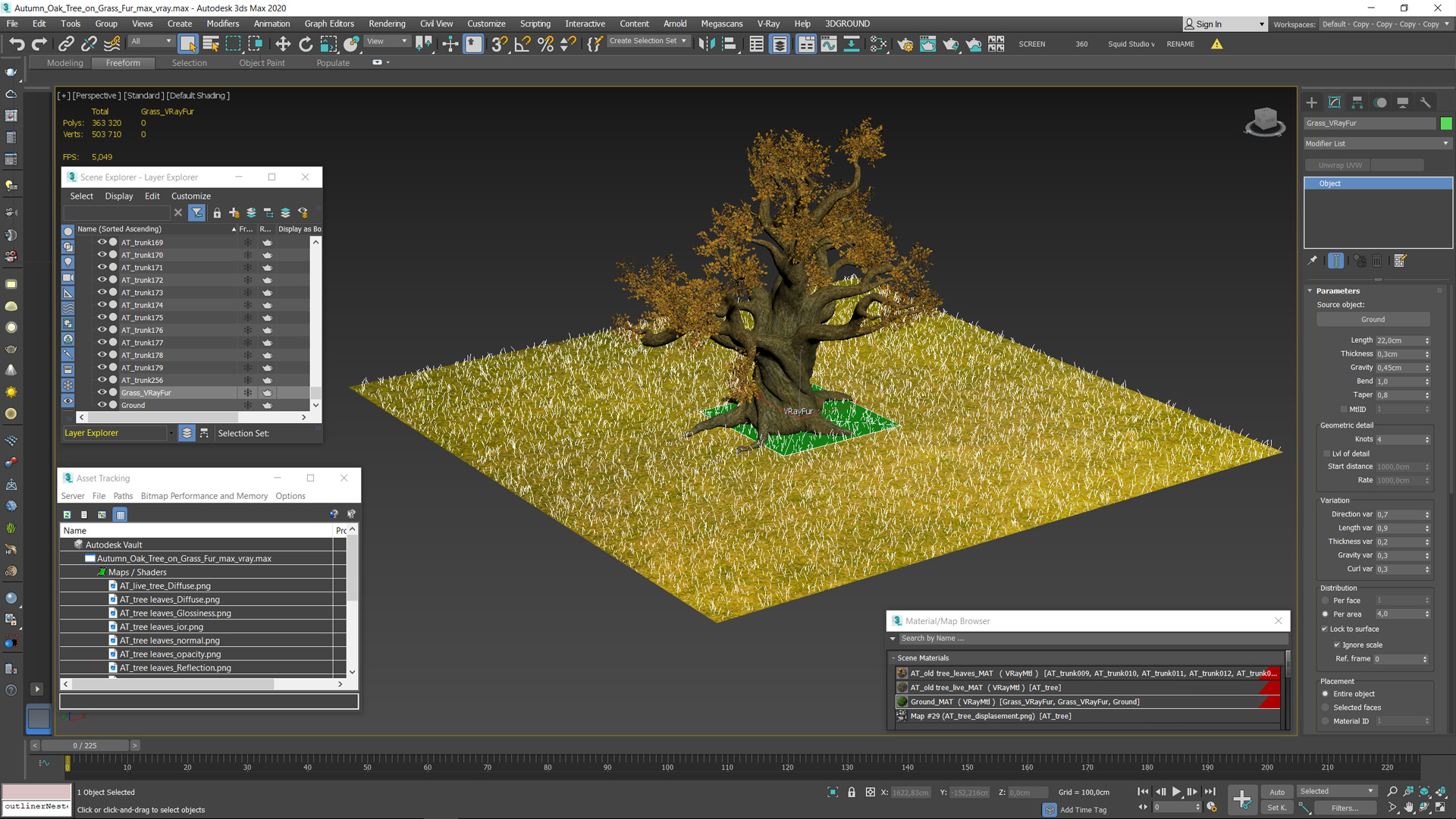 3D Autumn Oak Tree on Grass Fur model