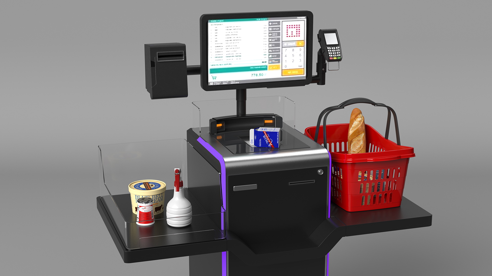 3D Self Service Checkout System Black with Basket And Goods