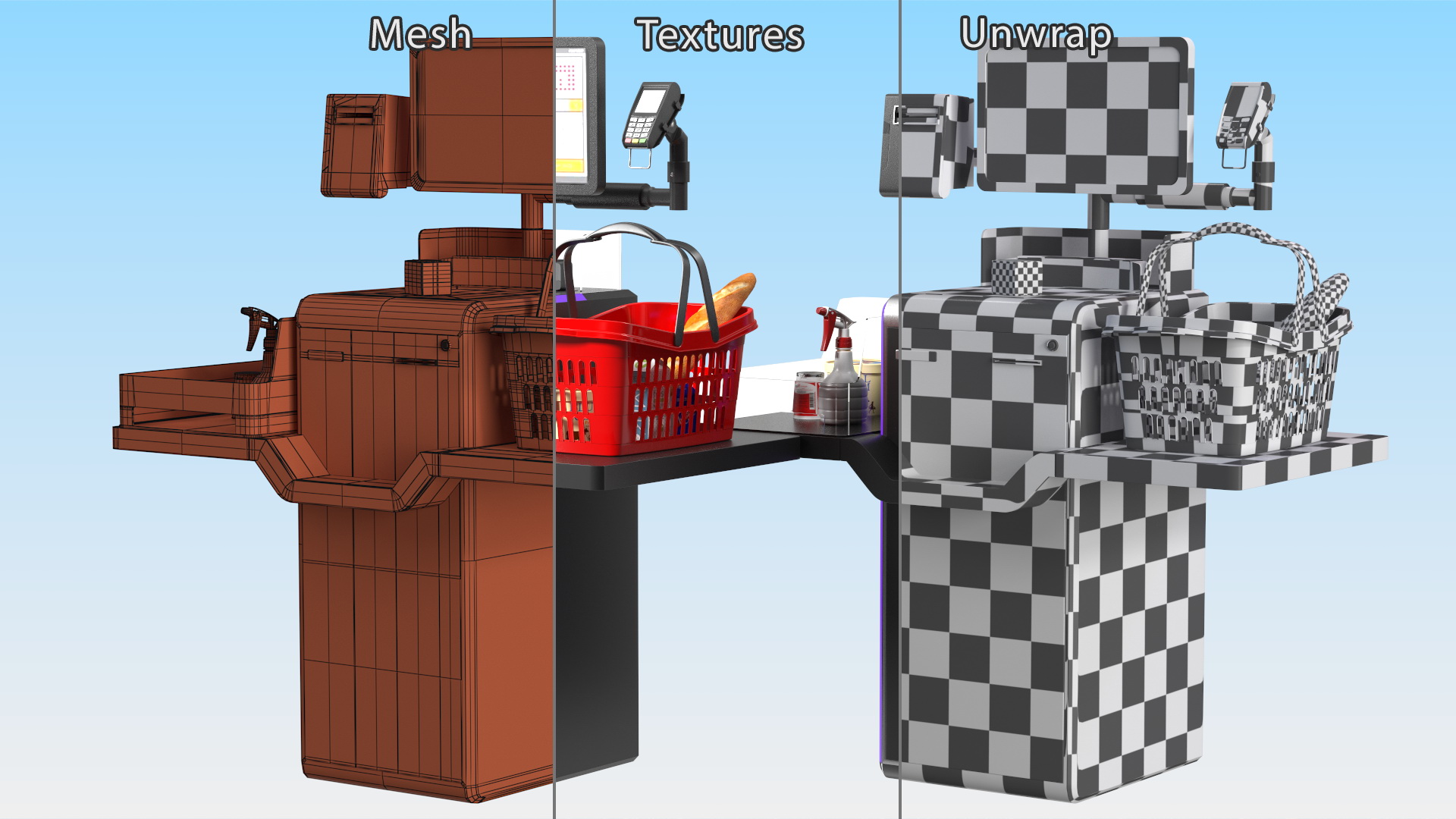 3D Self Service Checkout System Black with Basket And Goods