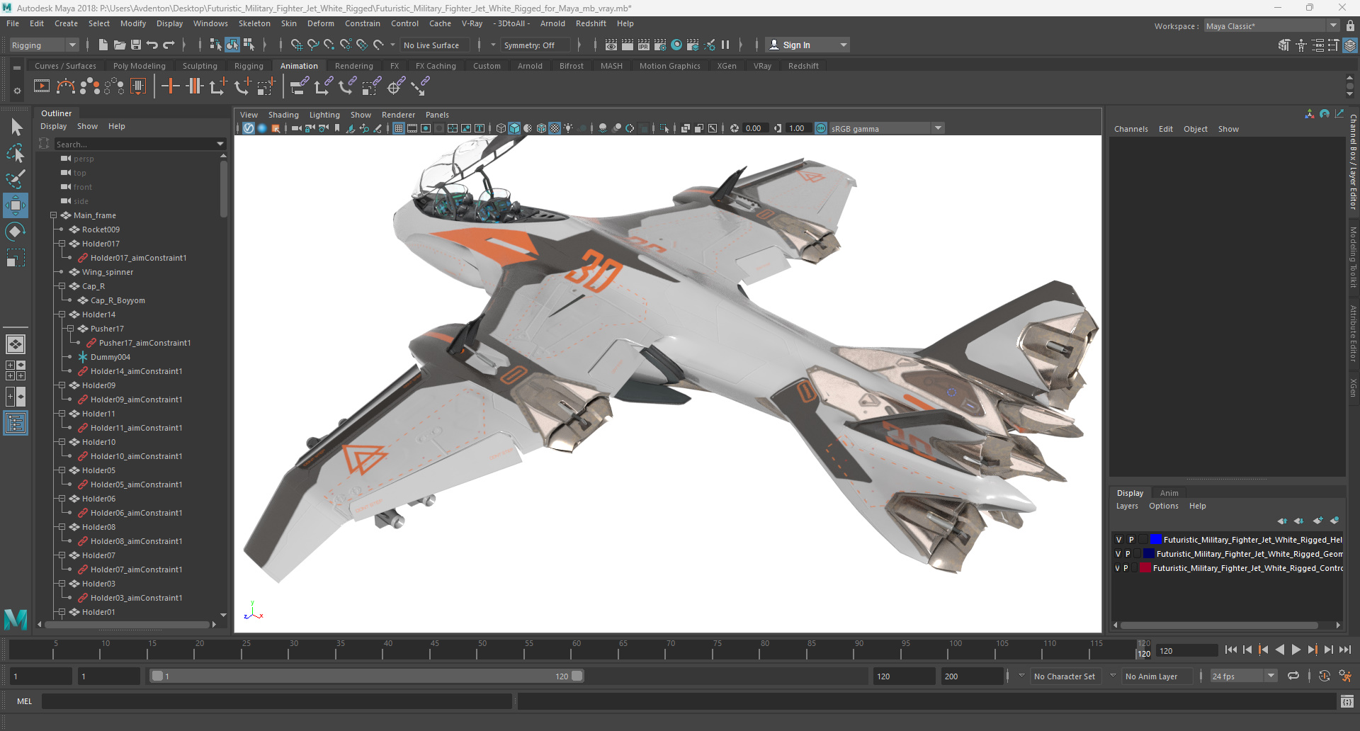 3D Futuristic Military Fighter Jet White Rigged for Maya model