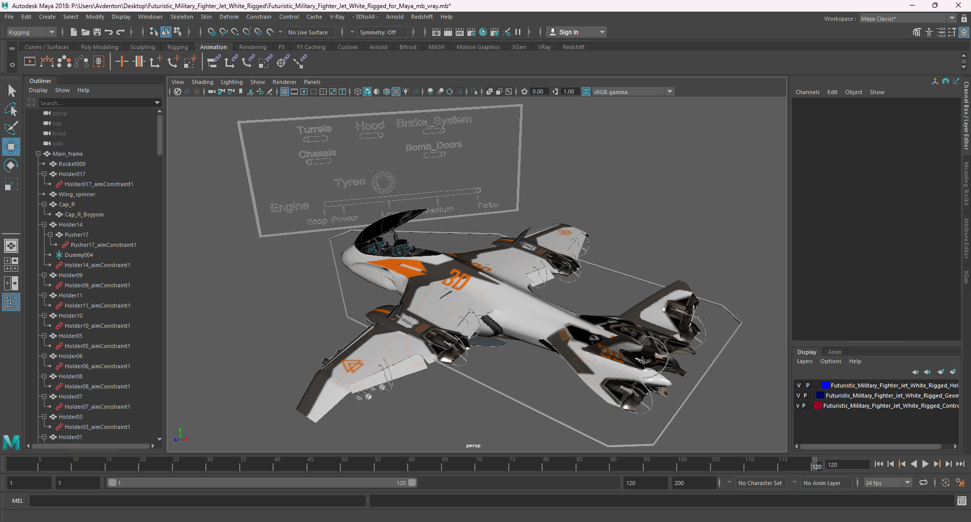 3D Futuristic Military Fighter Jet White Rigged for Maya model