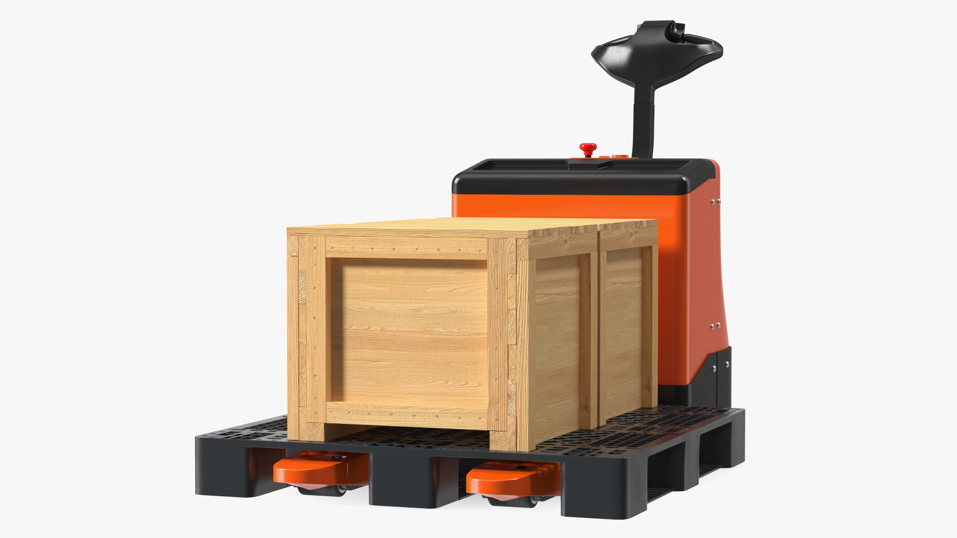 Orange Electric Pallet Truck with Wooden Crates 3D