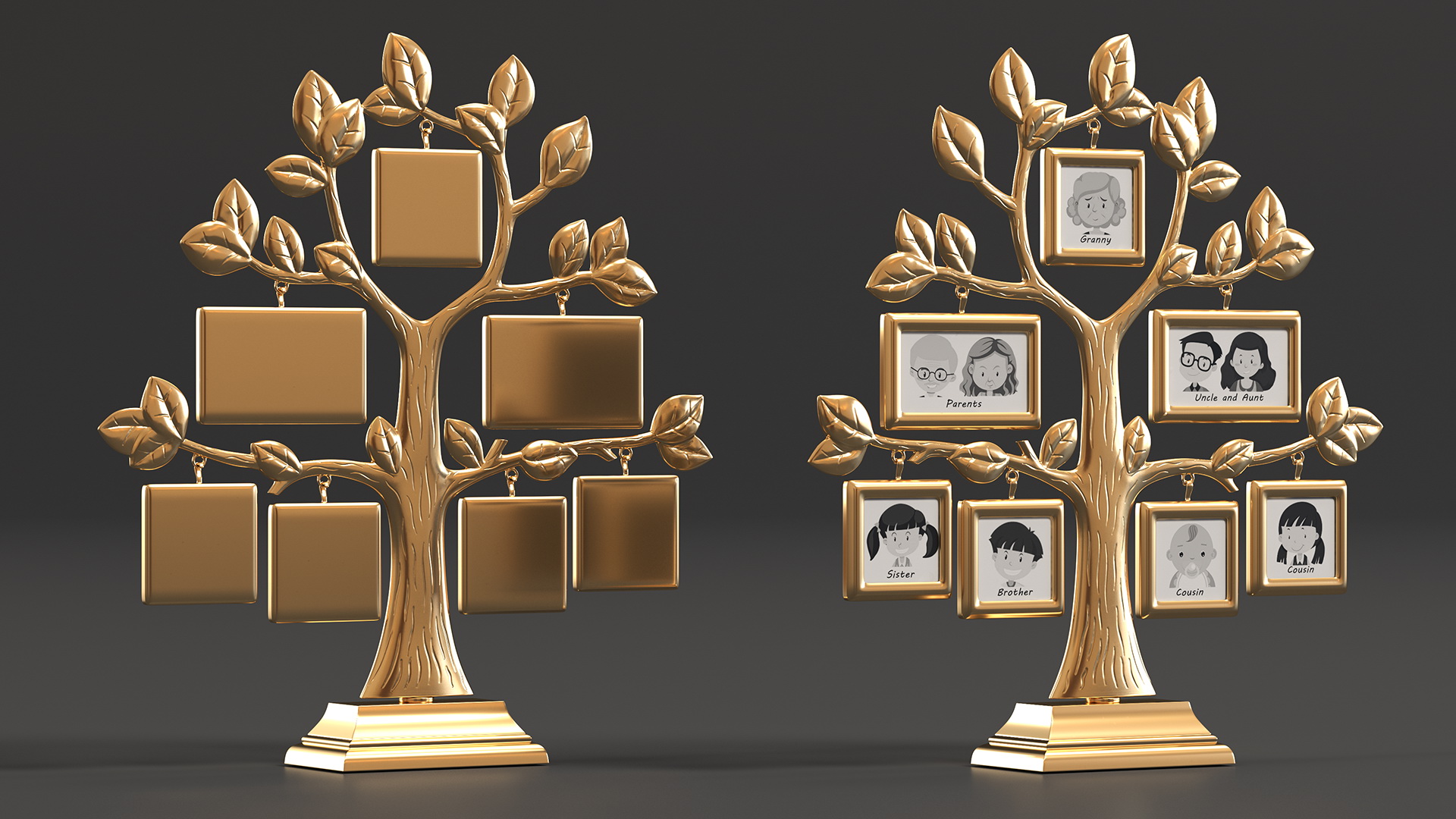 3D Golden Family Tree and Hanging Photo Frames model