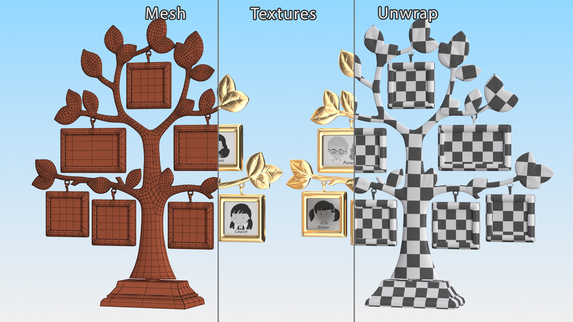 3D Golden Family Tree and Hanging Photo Frames model