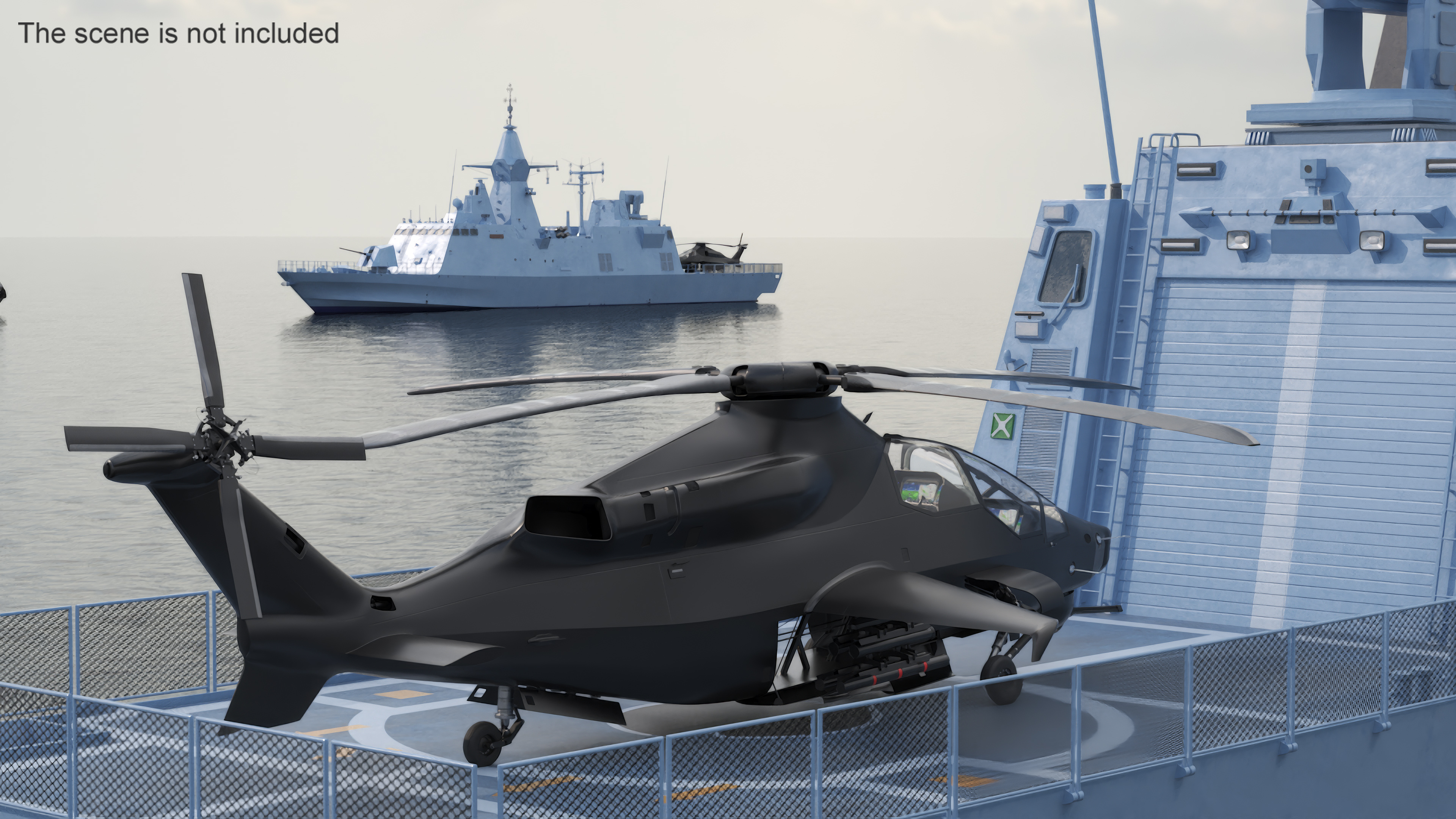 Corvette Class Ship with Attack Helicopter Rigged 3D model