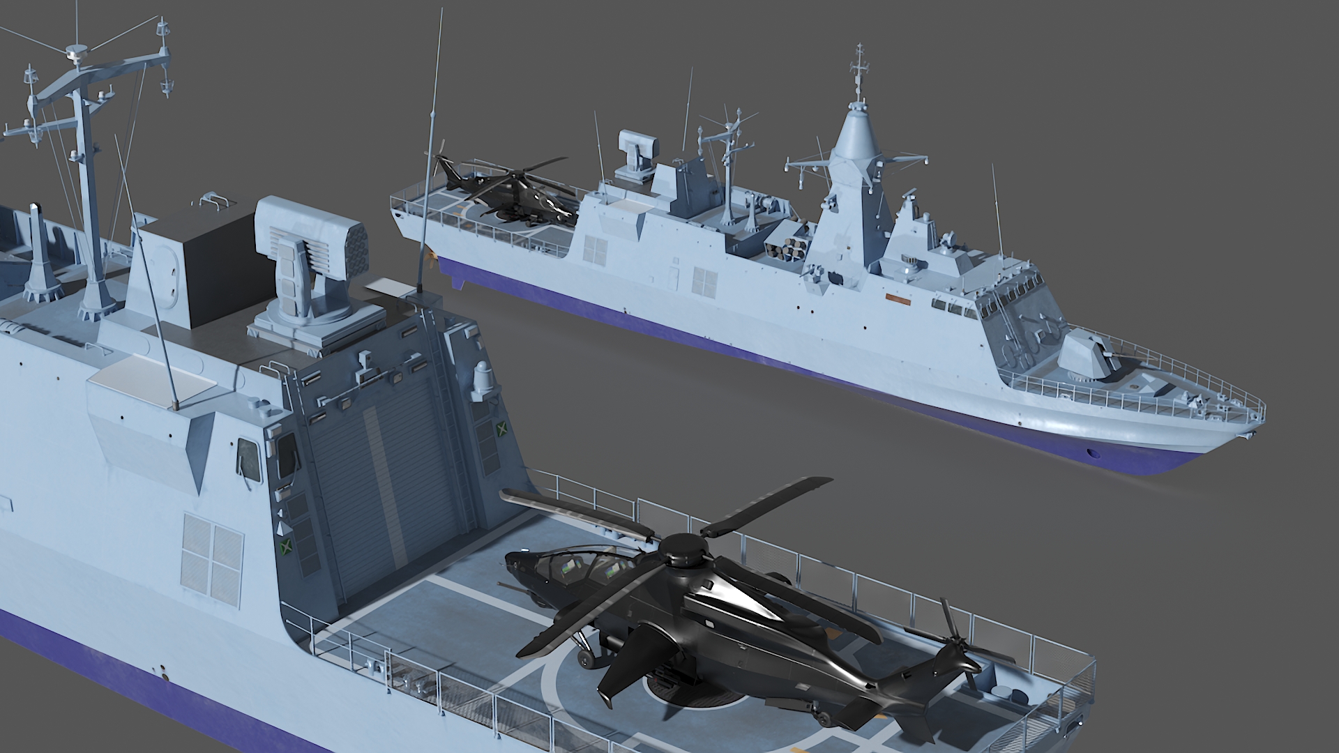 Corvette Class Ship with Attack Helicopter Rigged 3D model