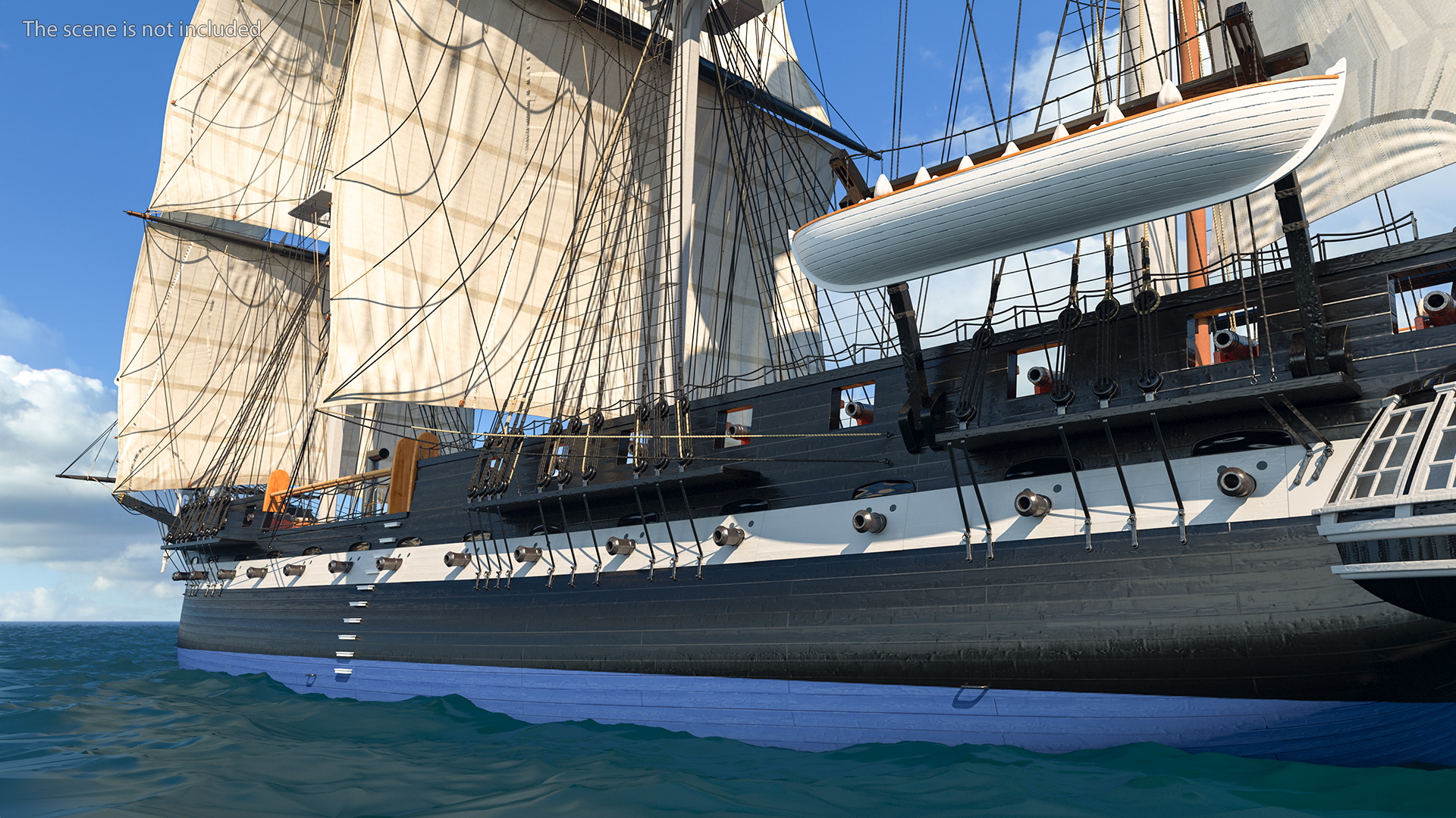 Three Masted Heavy Frigate Raised Sails 3D model