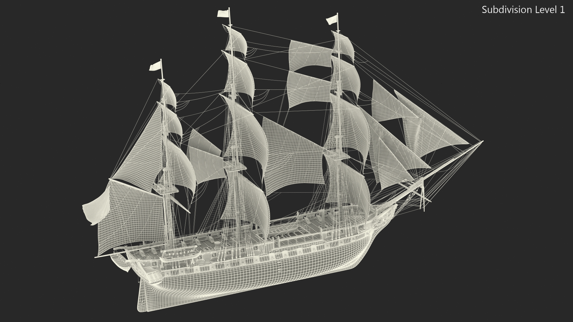 Three Masted Heavy Frigate Raised Sails 3D model