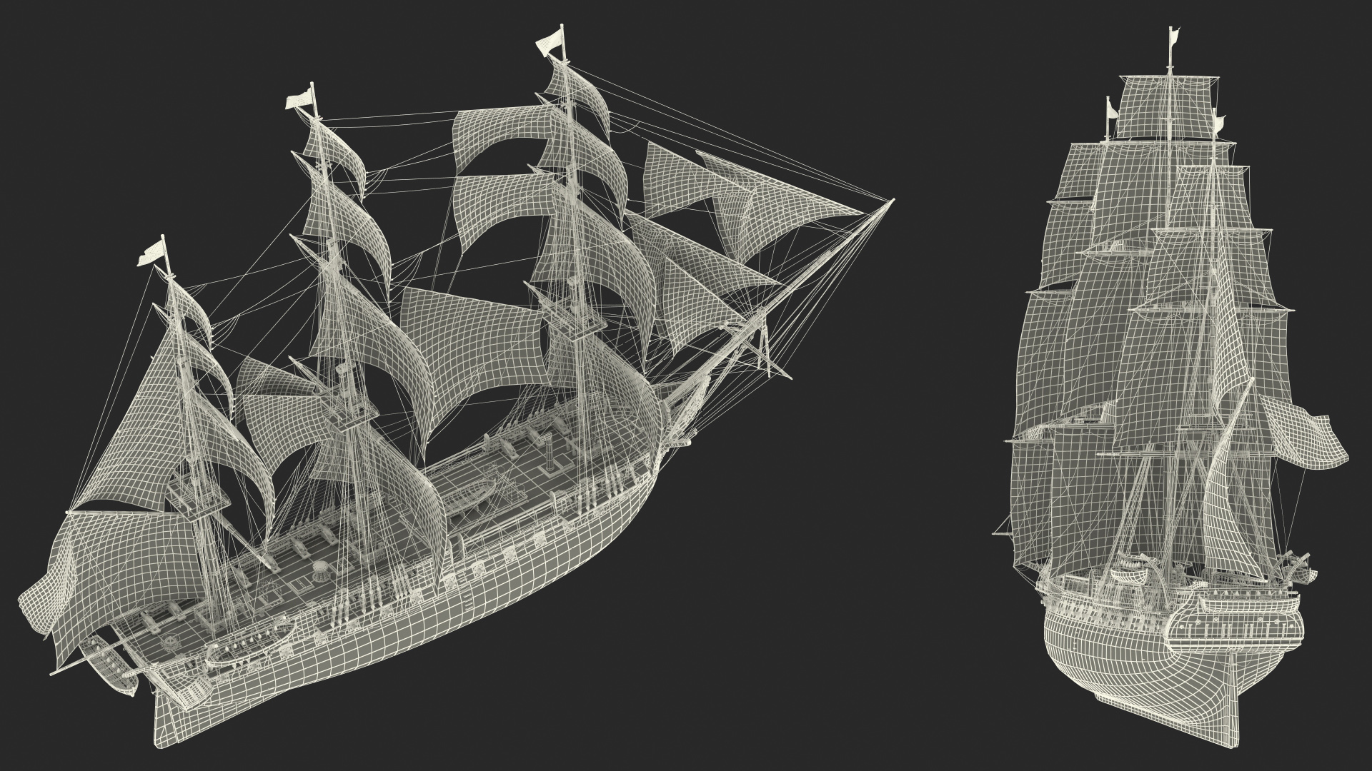 Three Masted Heavy Frigate Raised Sails 3D model