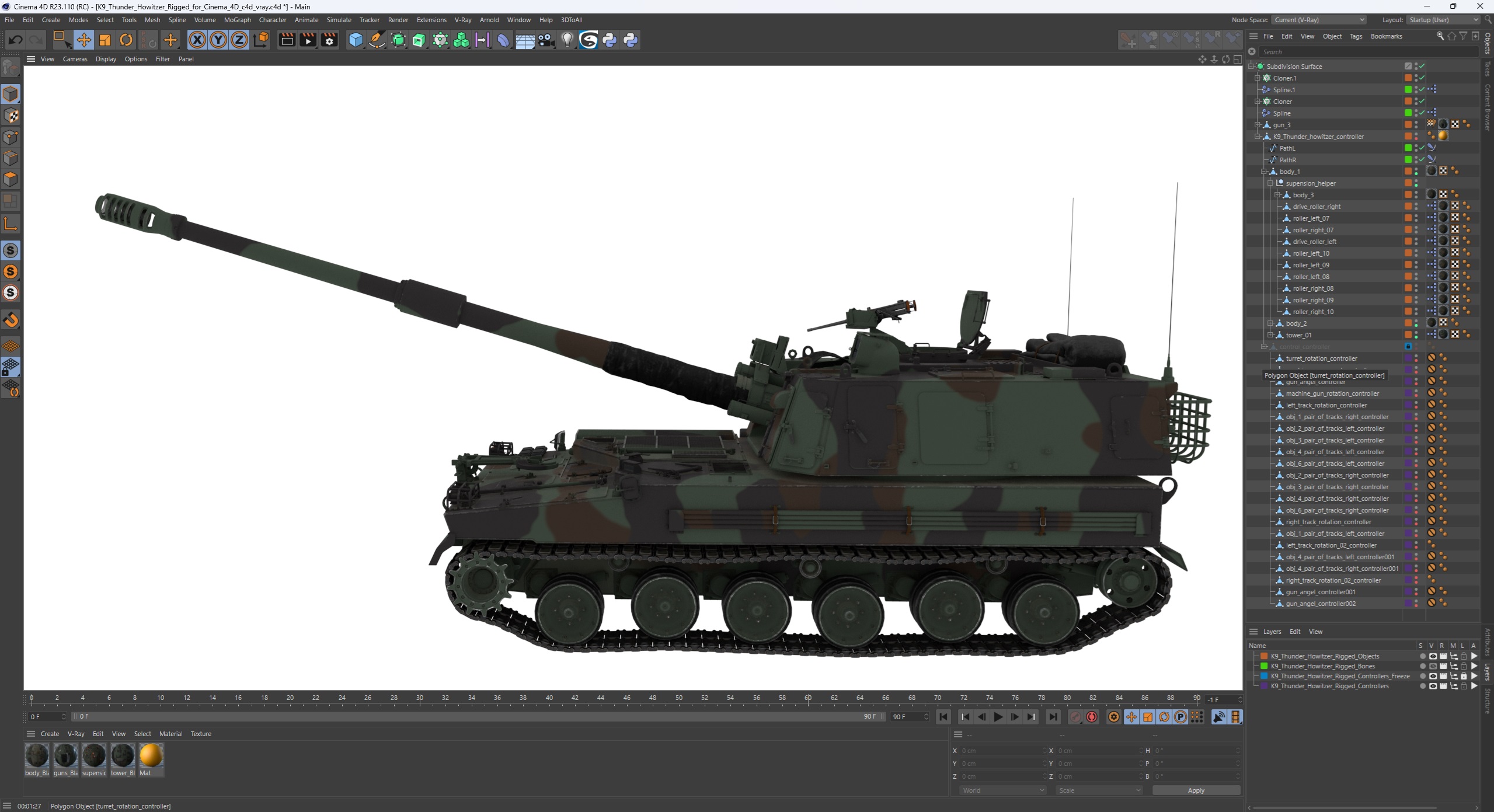 3D model K9 Thunder Howitzer Rigged for Cinema 4D