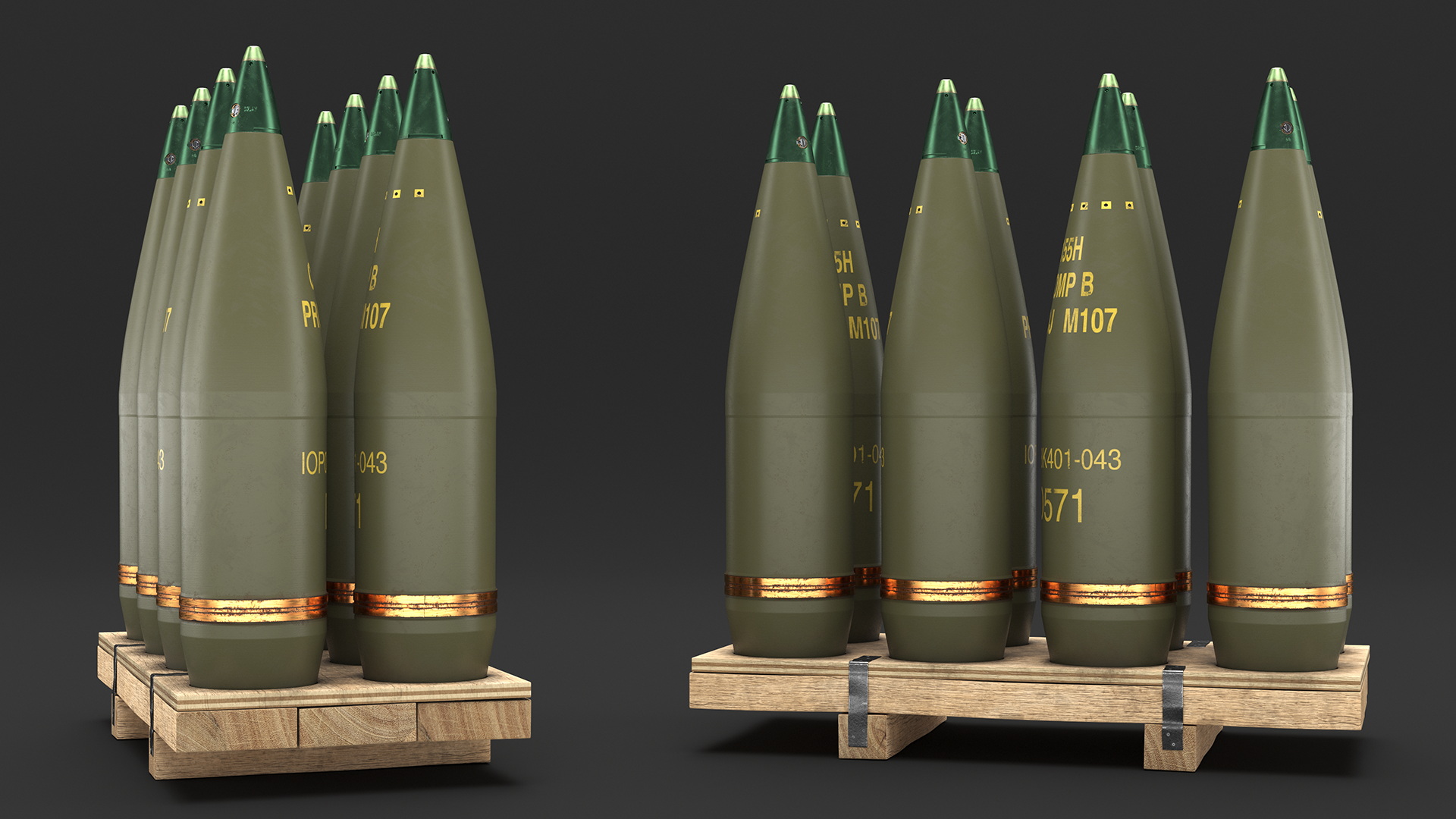 Artillery Shells 155mm on Wooden Pallet 3D model