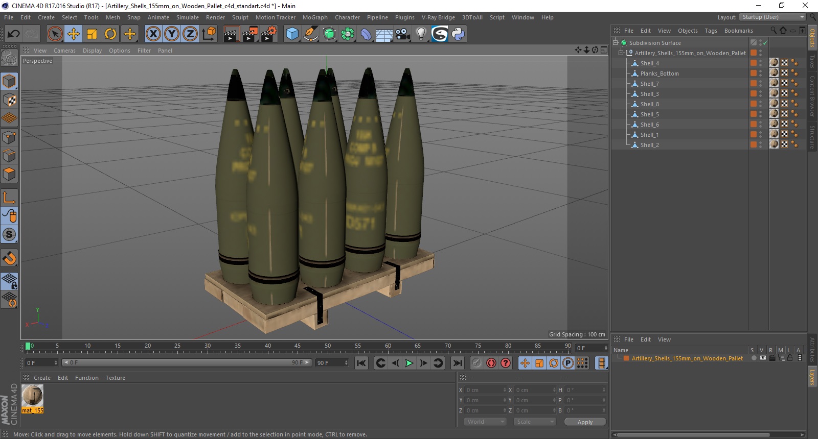 Artillery Shells 155mm on Wooden Pallet 3D model